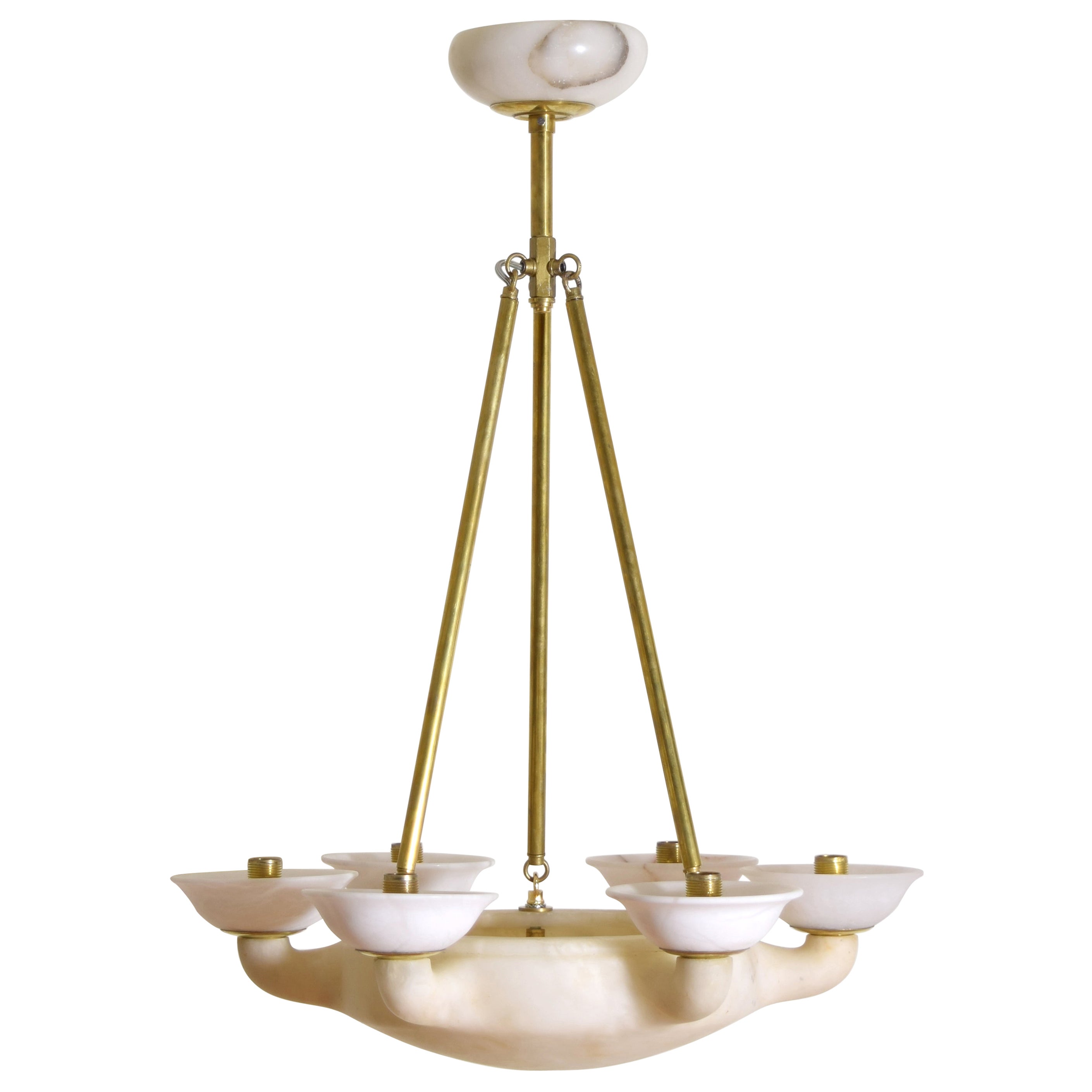 Italian, Tuscany (Volterra), Alabaster & Brass 6-Arm Chandelier, ca. 1930s