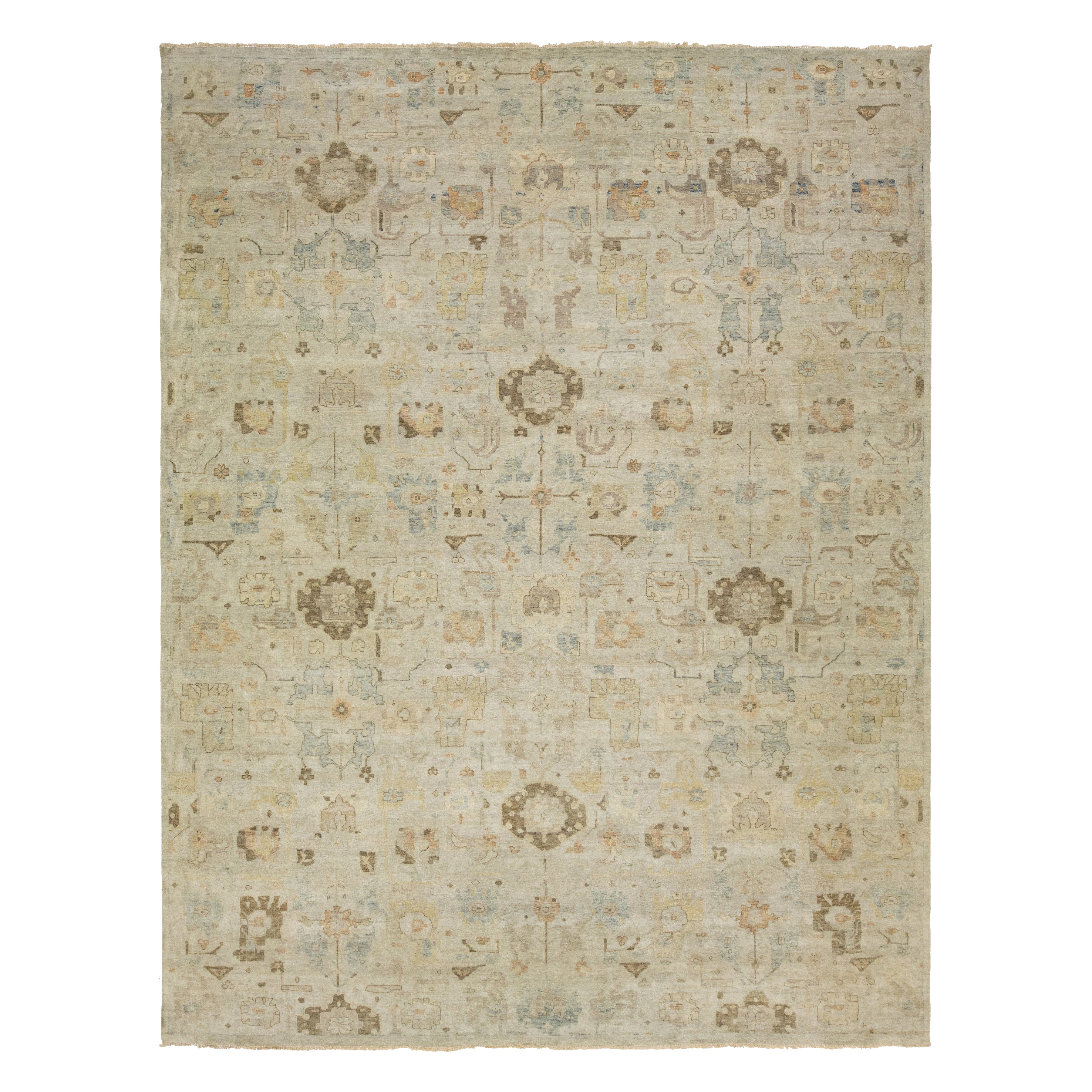 13 x 17 Modern Artisan Collection Beige Indian Wool Rug with Floral Design