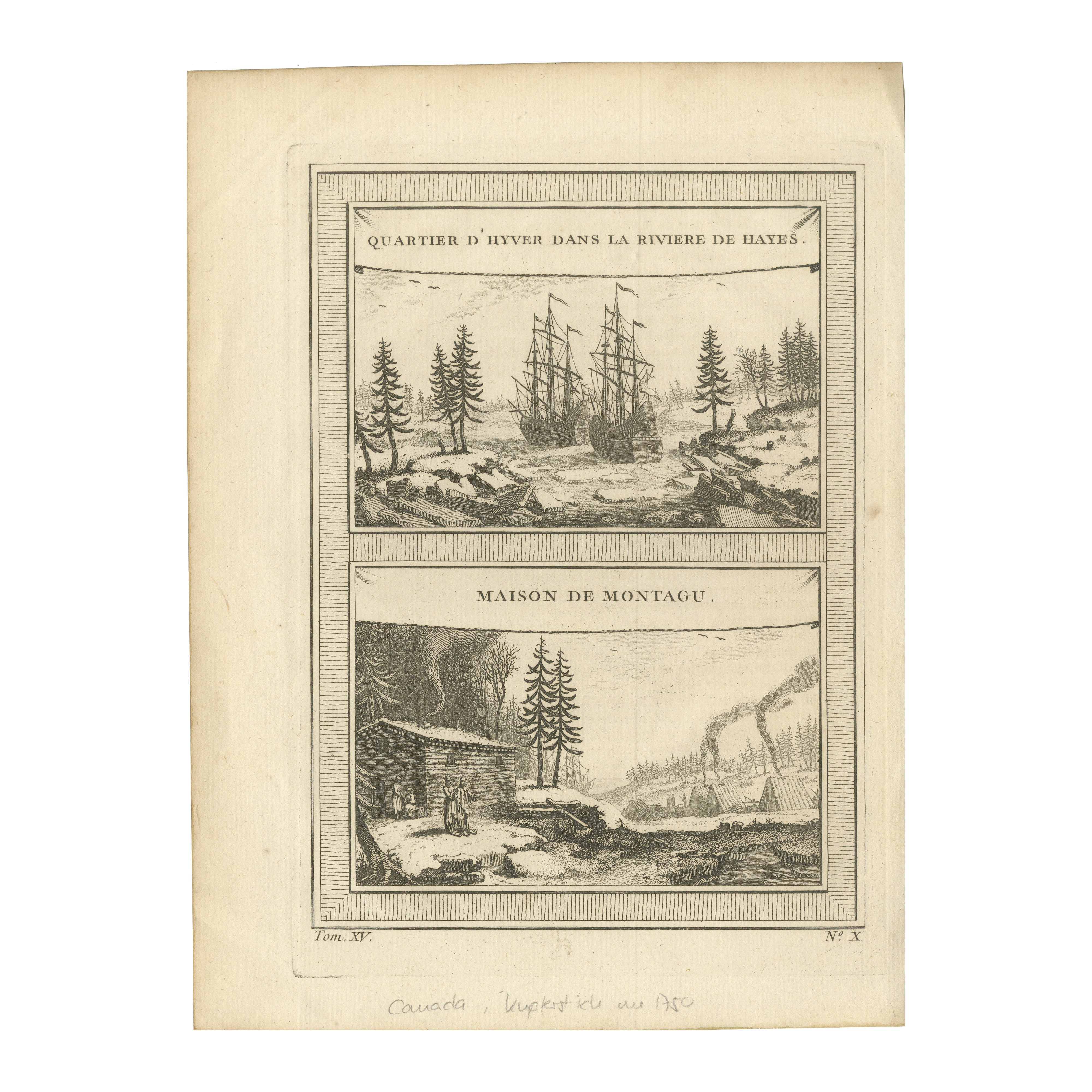 1757 Engraving of Hudson Bay – Winter Encampment & Early Settler Cabin