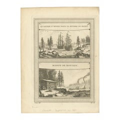 1757 Engraving of Hudson Bay – Winter Encampment & Early Settler Cabin