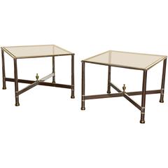 Manner of Maison Jansen Pair of Brushed Steel and Brass Side or Coffee Tables