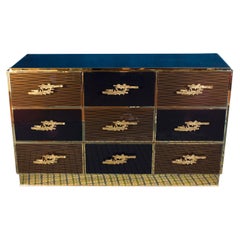 Grande cassettiera in ottone e legno imitato in stile Midcentury 2020