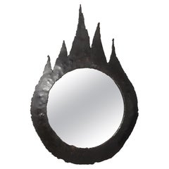 Petite Patinated Cut Steel "Goutte de Feu" Brutalist Mirror - France 1970's