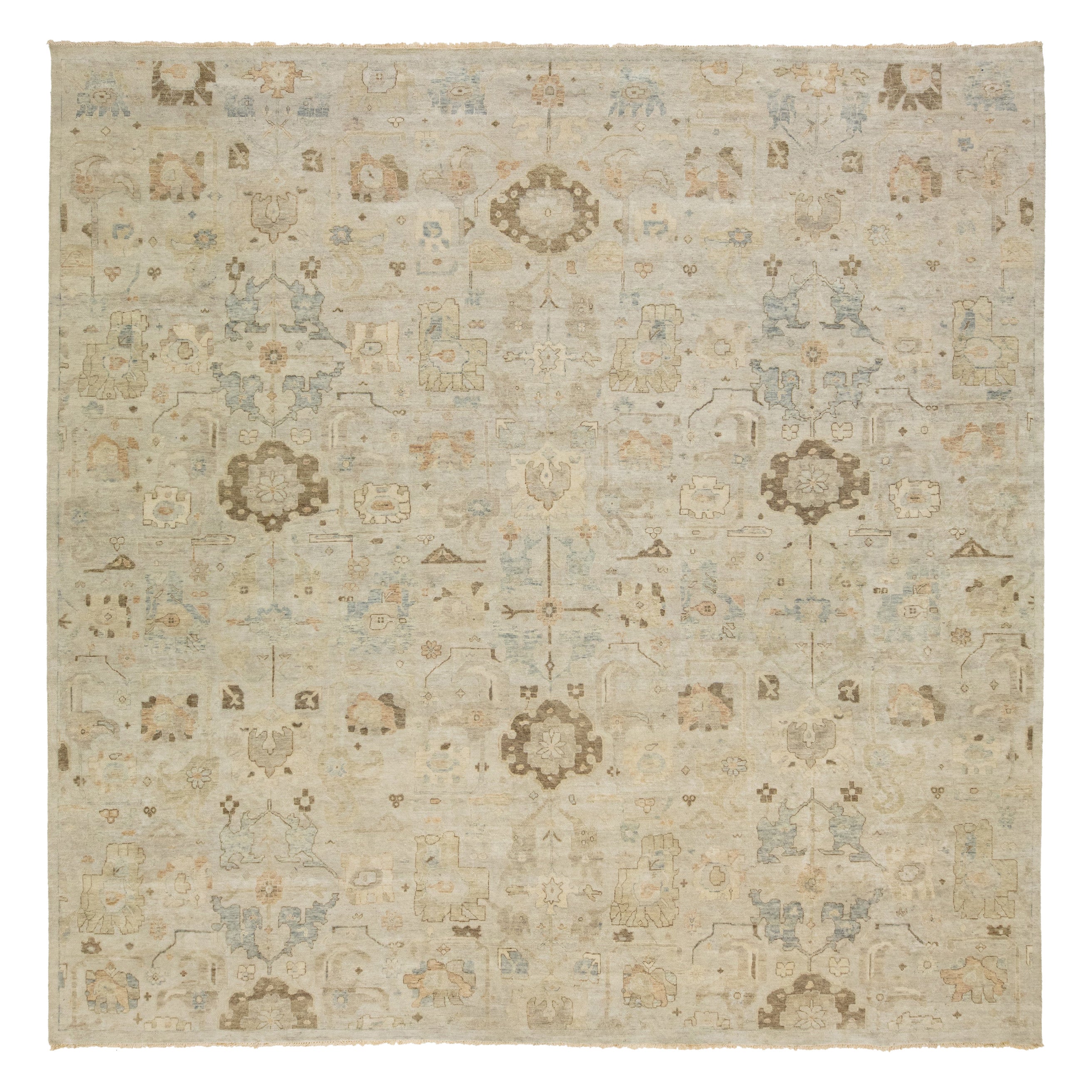 Beige Modern Indian Square Wool Rug With Floral Design For Sale