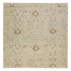Beige Modern Indian Square Wool Rug With Floral Design