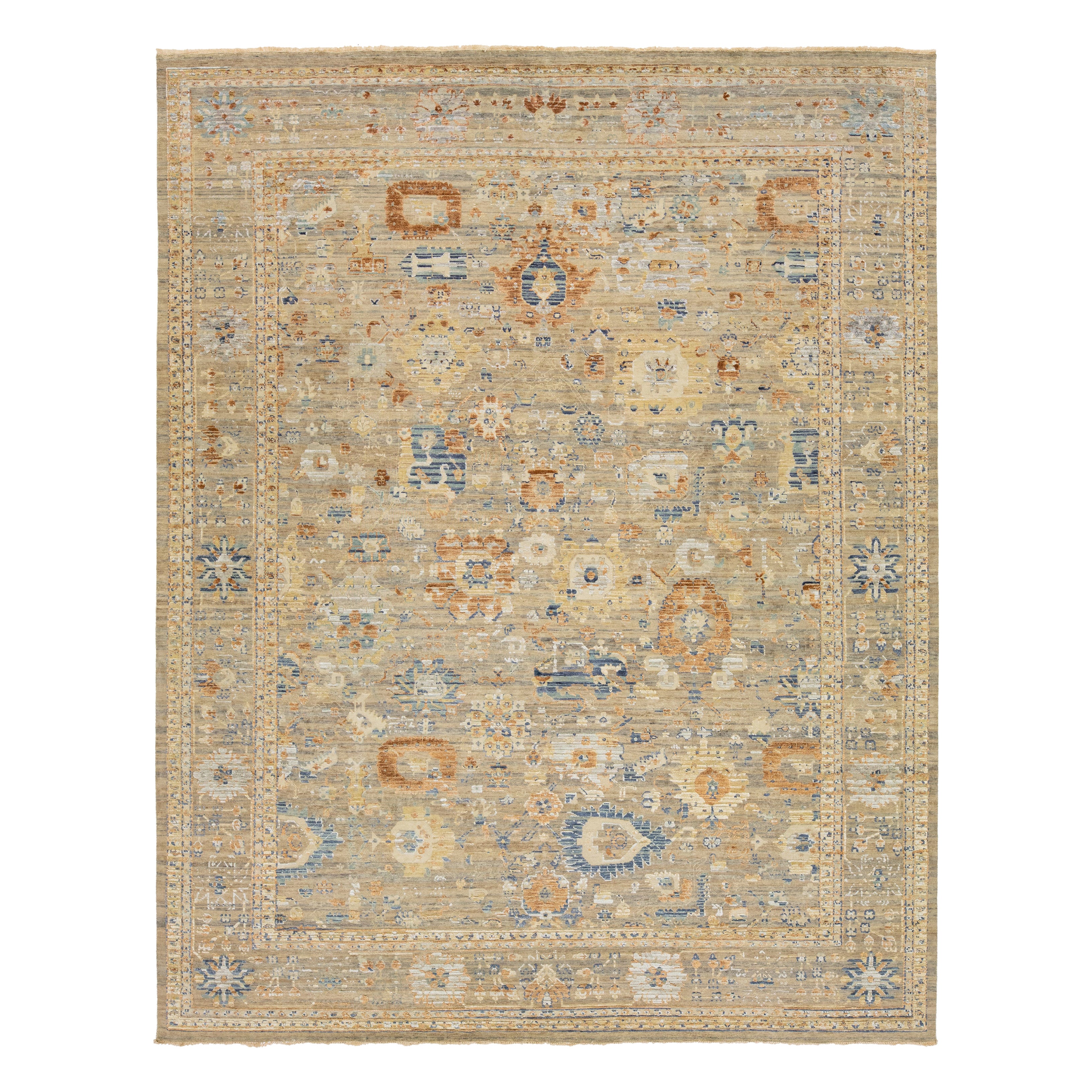 Modern Handmade Apadana's Artisan Collection Indian Wool & Silk Rug In Beige For Sale