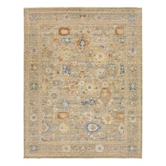 Tapis moderne artisanal Apadana en laine et soie indienne beige