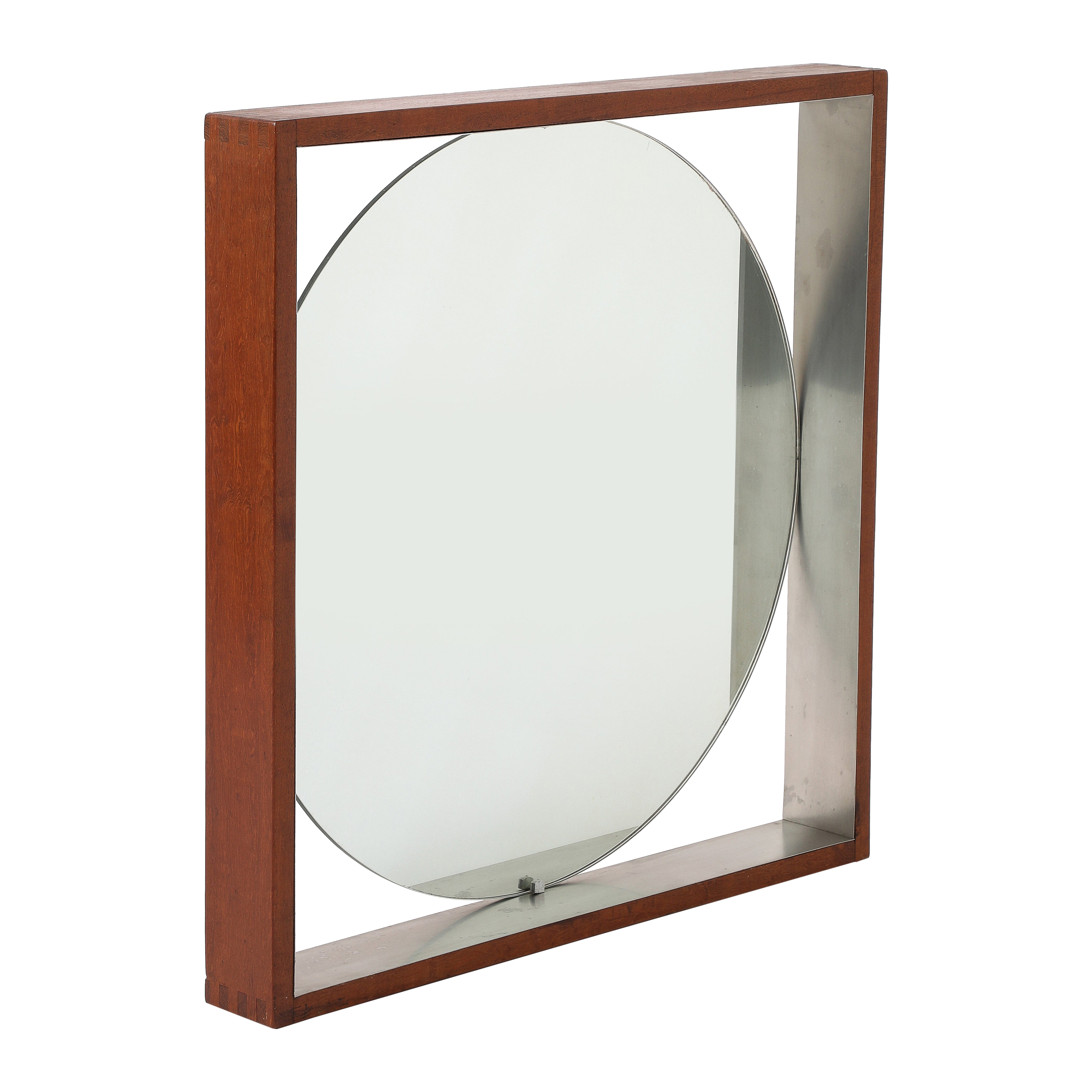 Modernistischer Wandspiegel aus Teakholz und Edelstahl – Skandinavisch, 1970er Jahre im Angebot