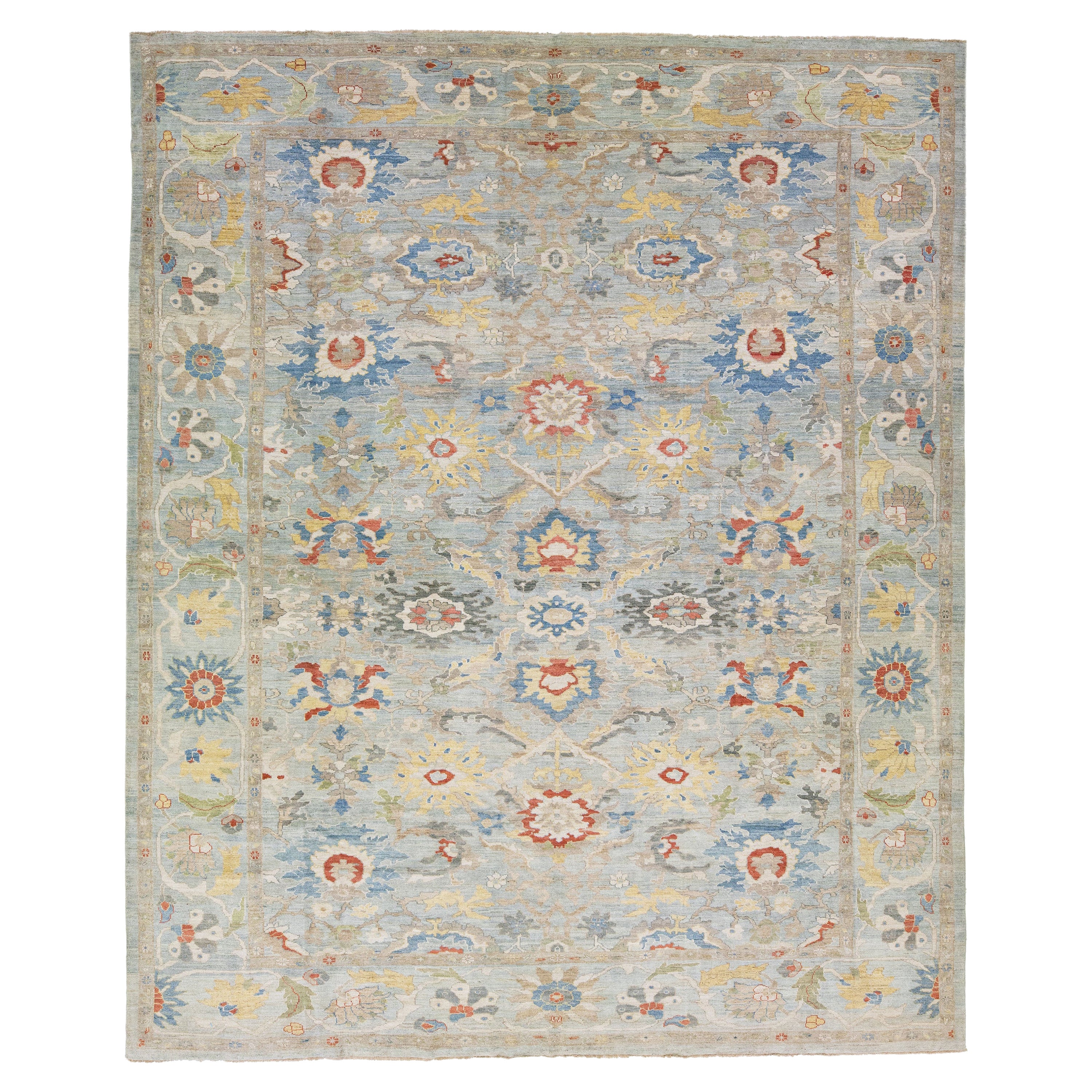Moderner handgefertigter Sultanabad-Wollteppich mit Allover-Muster in Hellblau