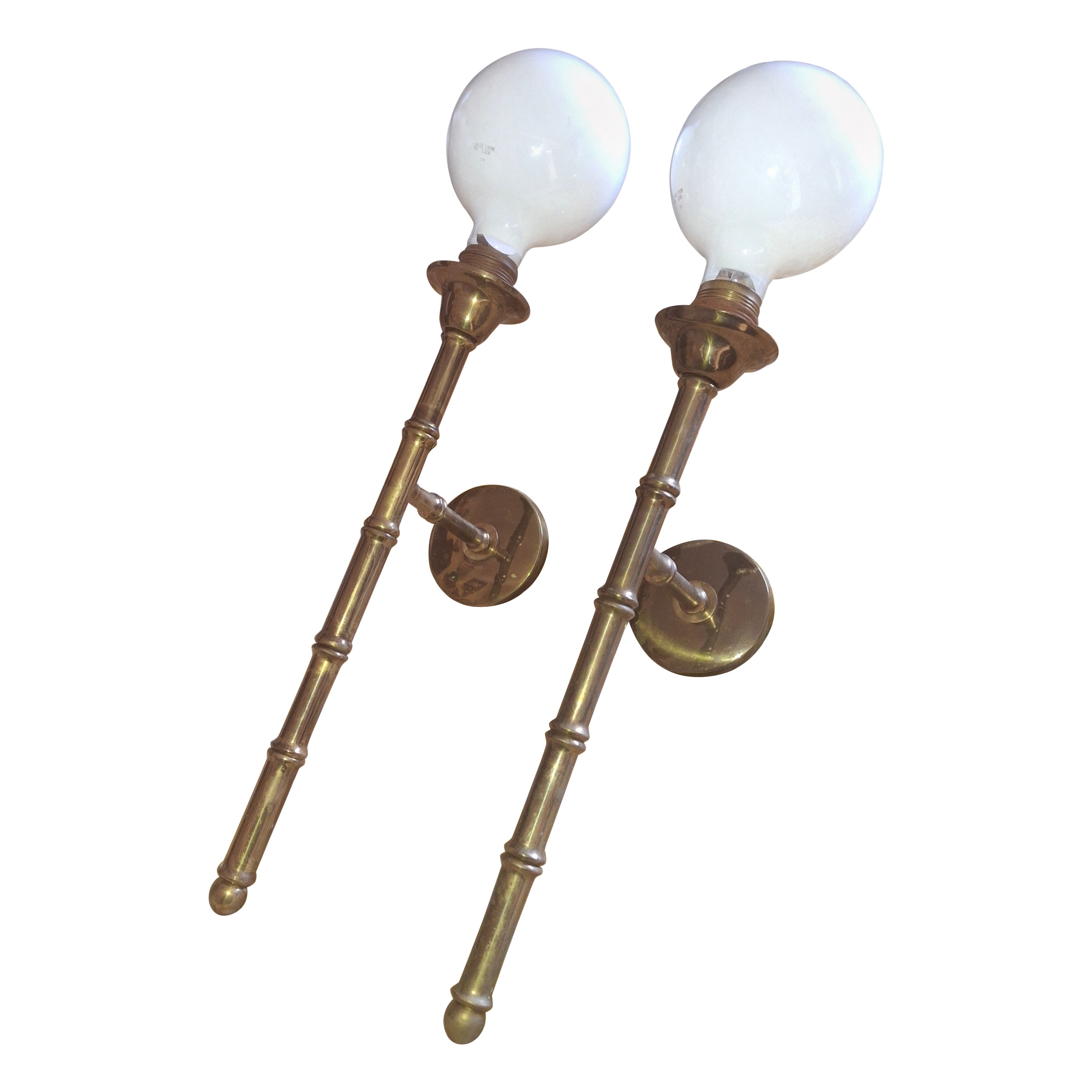 Pair 1950s Mid Century Tall Bronze Bamboo Wall Sconces by Maison Bagues France