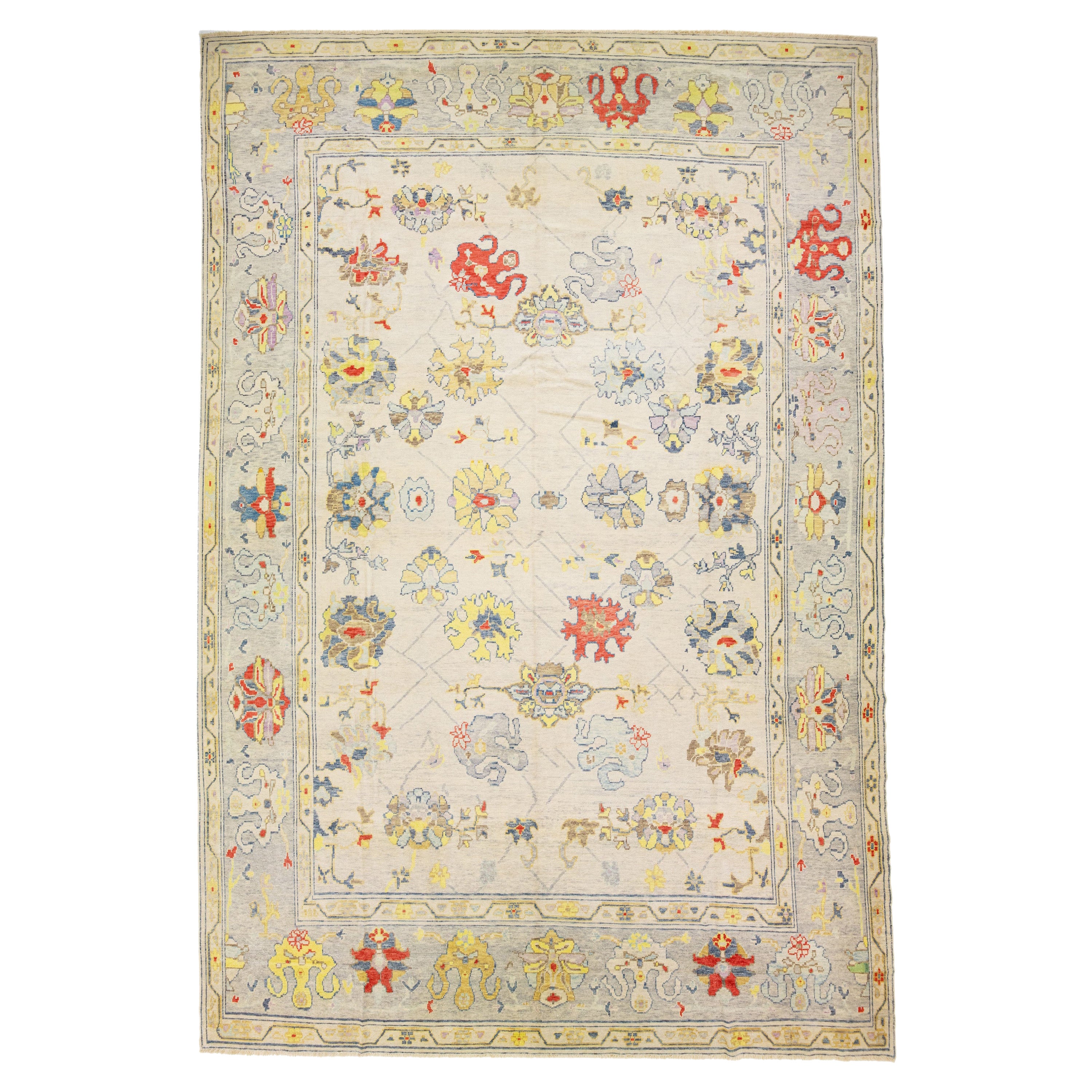 Multicolor Floral Oushak Modern Wool Rug Handmade in Beige For Sale