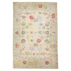 Multicolor Floral Oushak Modern Wool Rug Handmade in Beige
