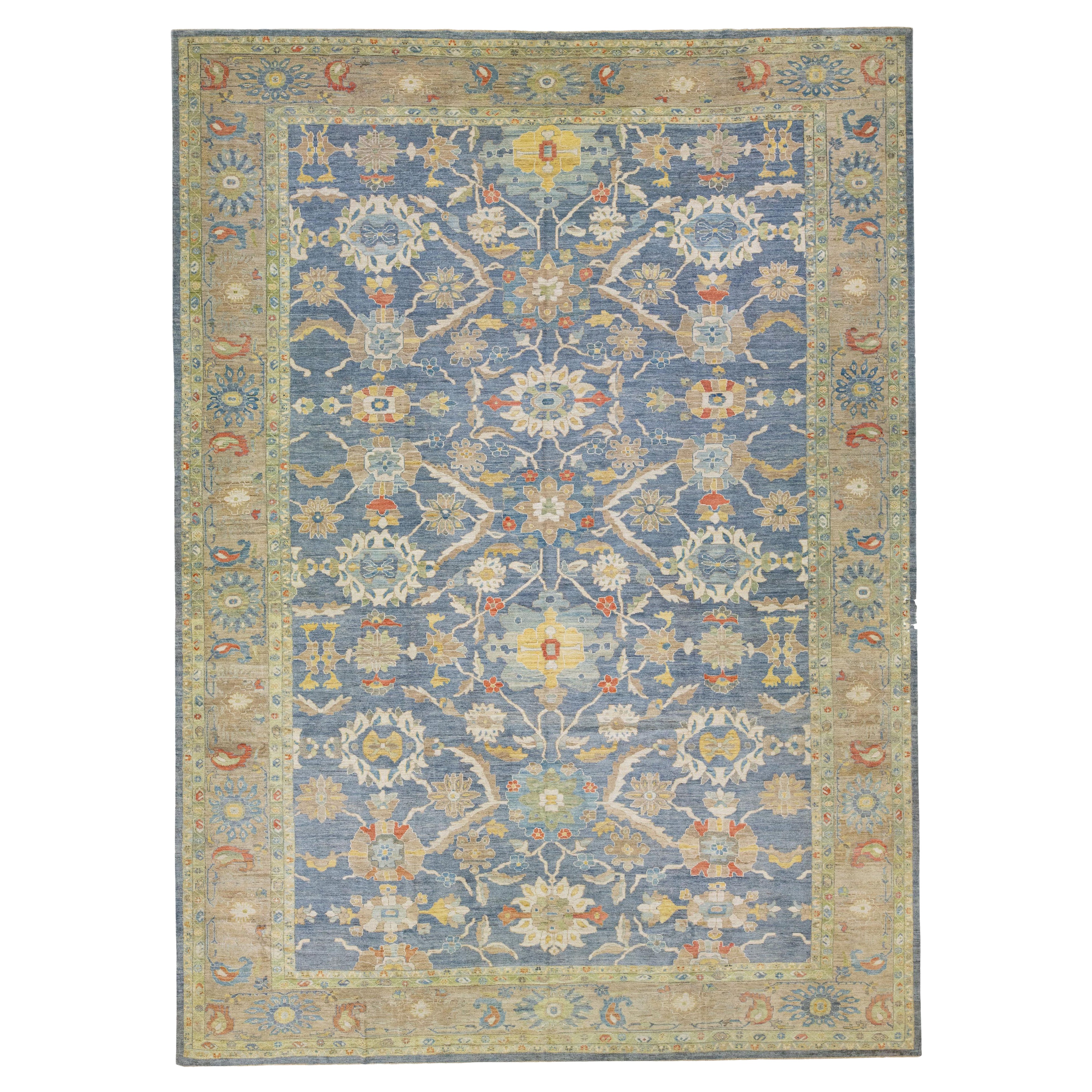 Modern Floral Oversized Navy Blue Sultanabad Wool Rug
