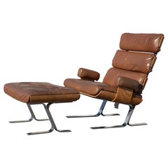 Flair for Bernhardt Lounge Chair & Ottoman in Chrome/Leather/Oak after Eames