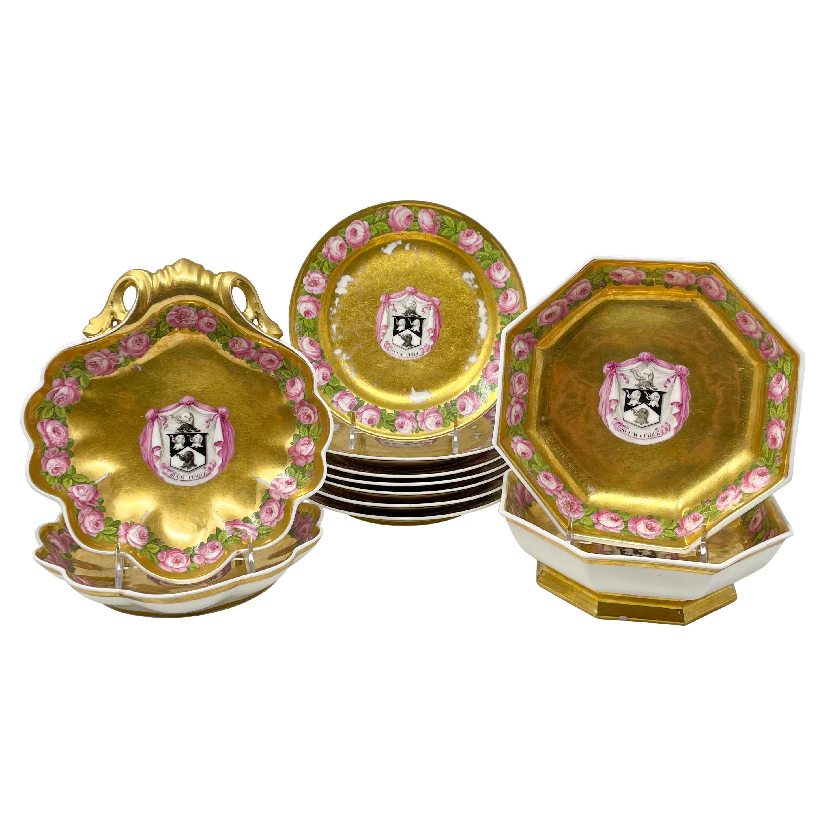 Set of 11 Antique 19th Century Gold Porcelain "Armorial" Plate and Shell Dishes.