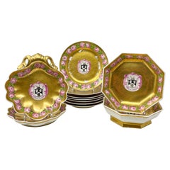 Set of 11 Antique 19th Century Gold Porcelain "Armorial" Plate and Shell Dishes.