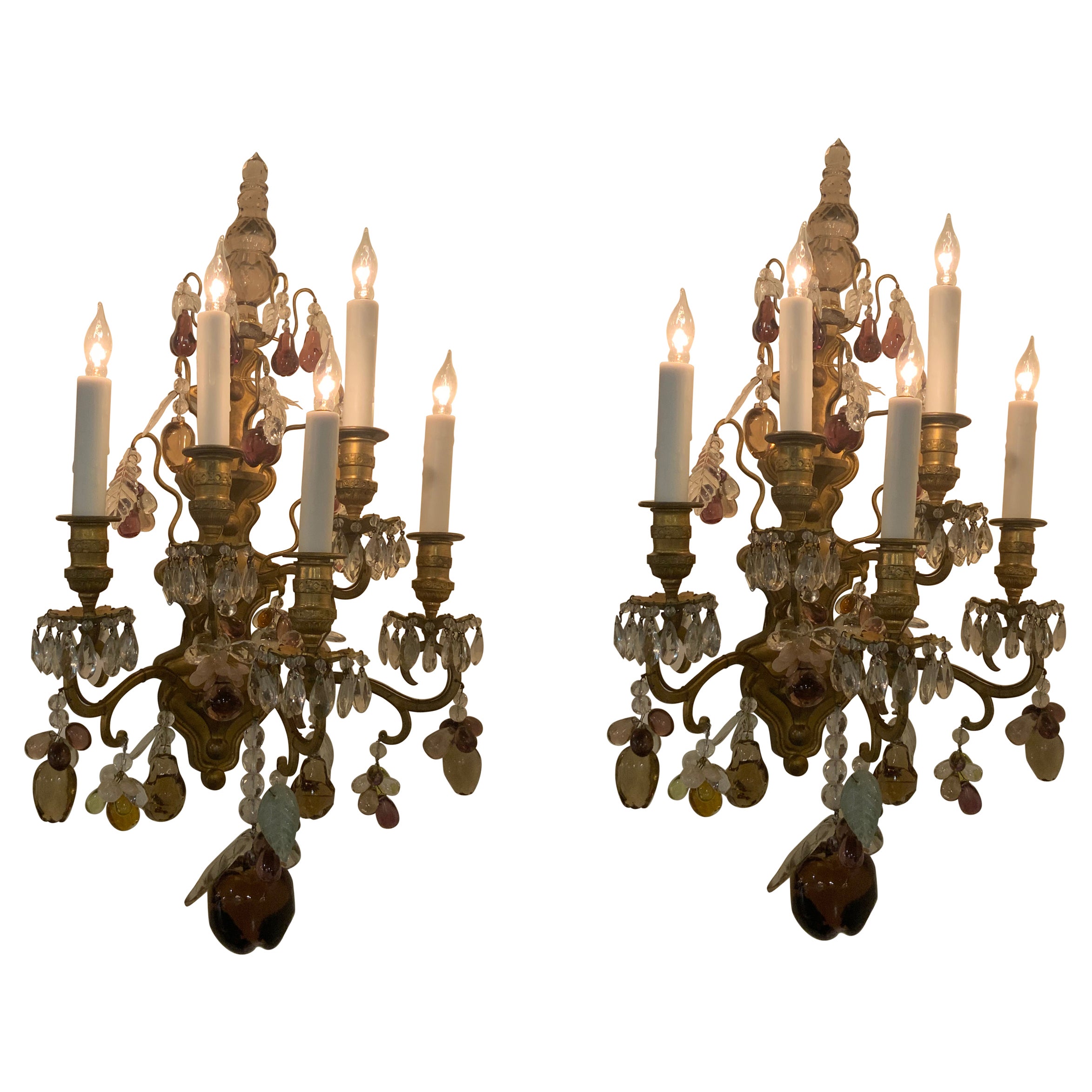 Pair of French Bagues sconces with multiple colored crystals