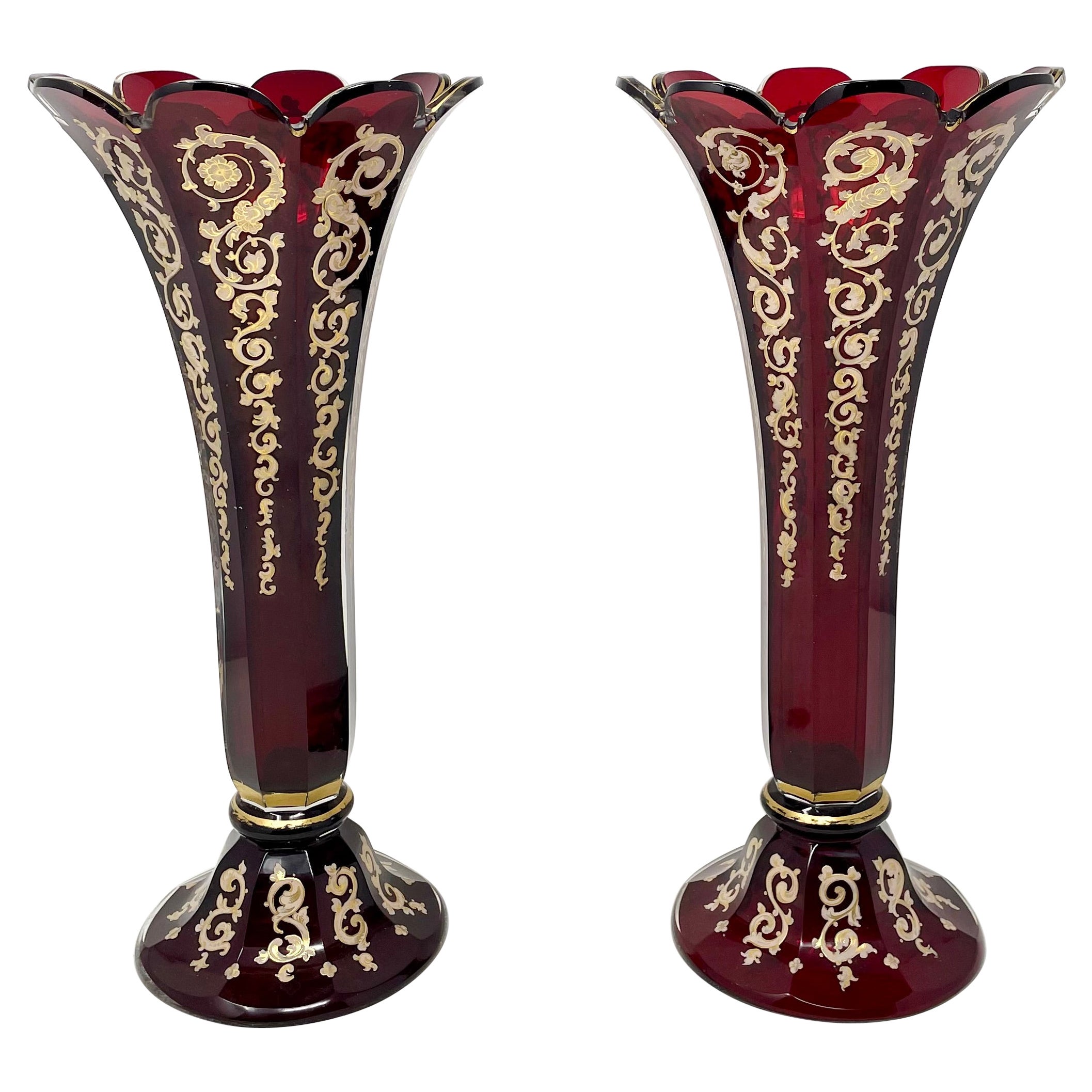 Pair Antique Bohemian Cranberry Glass Vases with Gold, Circa 1875-1895.