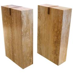 Set of Two Marble and Teak Pedestals Bases for Sofa, Dinning or Desk Table