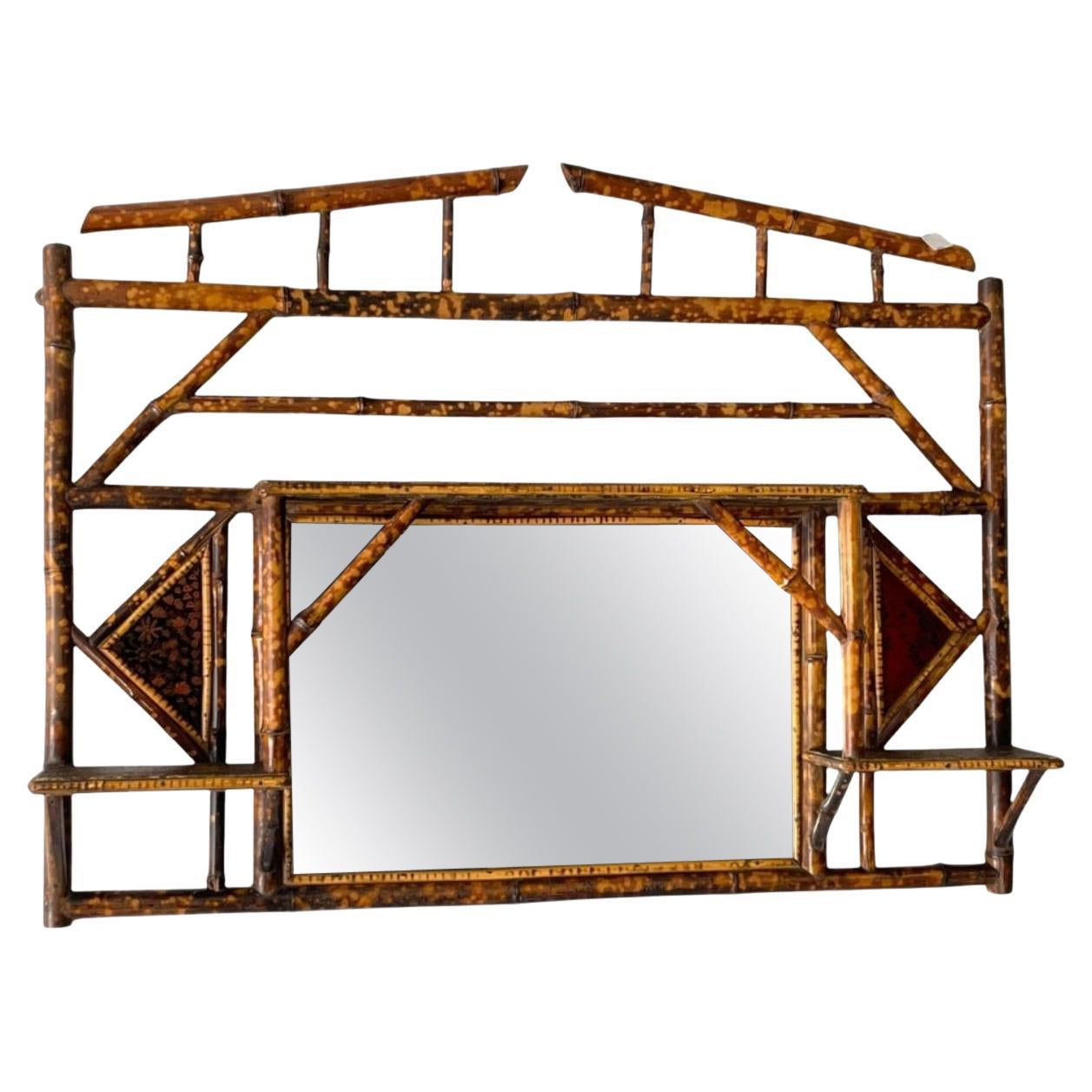 Miroir suspendu français ancien en bambou et écaille de tortue, 1890-1910