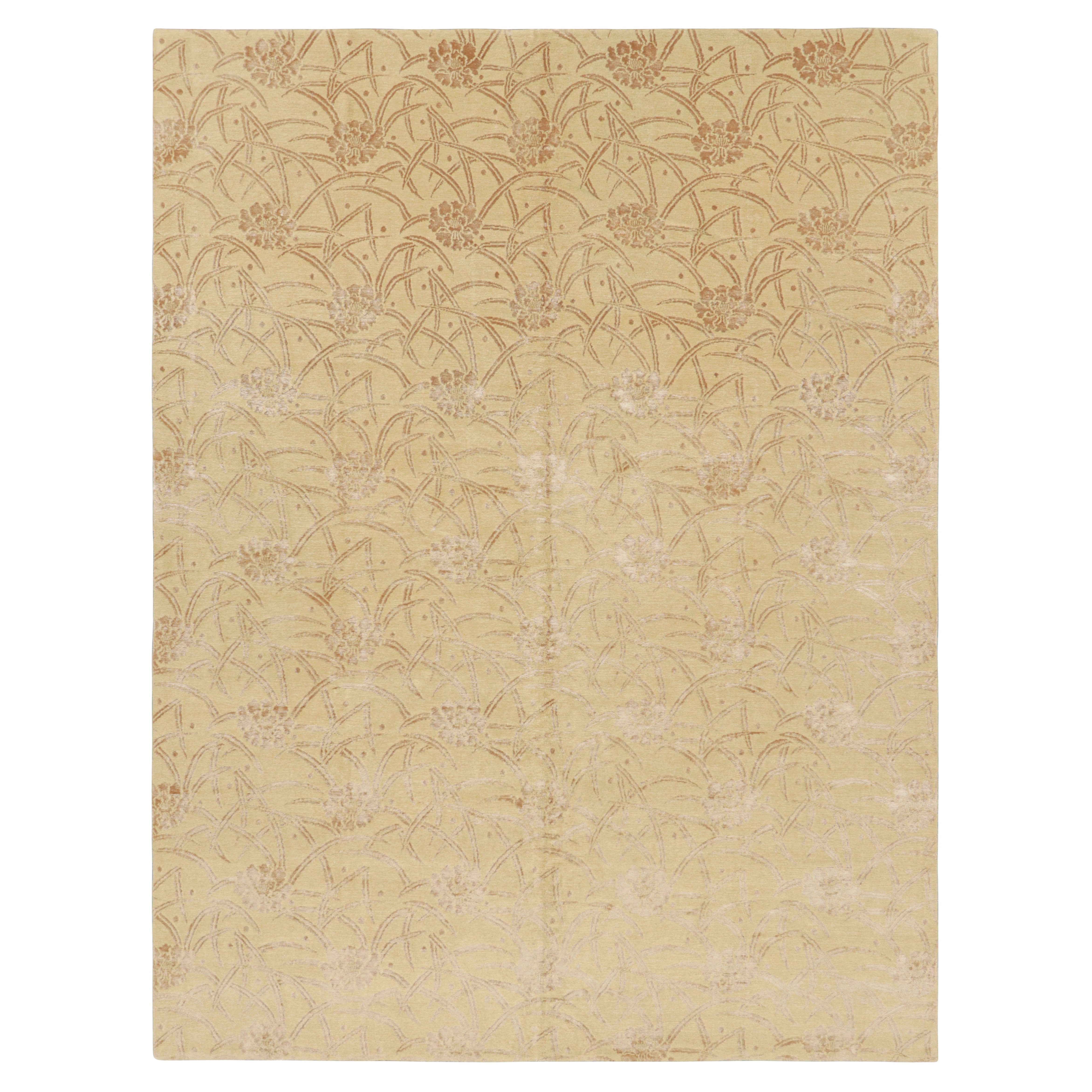 Rug & Kilim’s Art Deco Style Rug in Gold with Beige Floral Patterns “Bamboo”