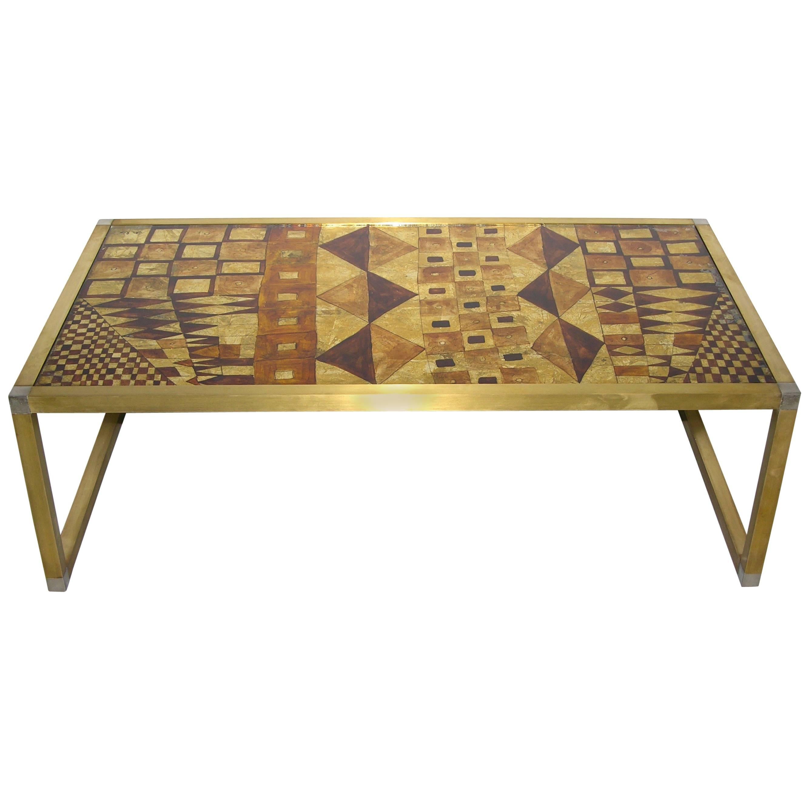 1970s Italian Art Deco Abstract Design Brass Coffee/Sofa Table with Gold Leaf