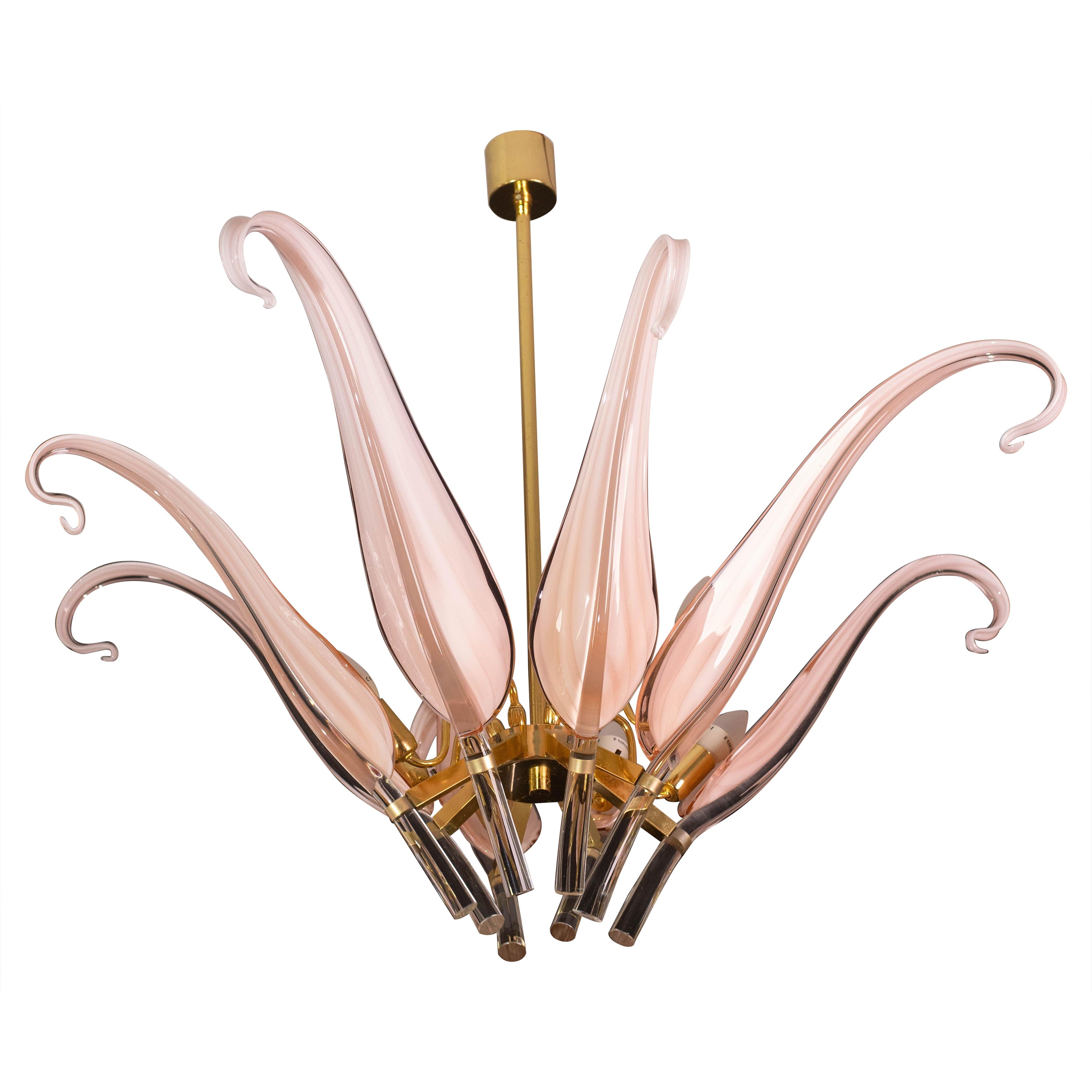 Extraordinary Pink Murano Glass Leaves Chandelier Large Size by Franco Luce
