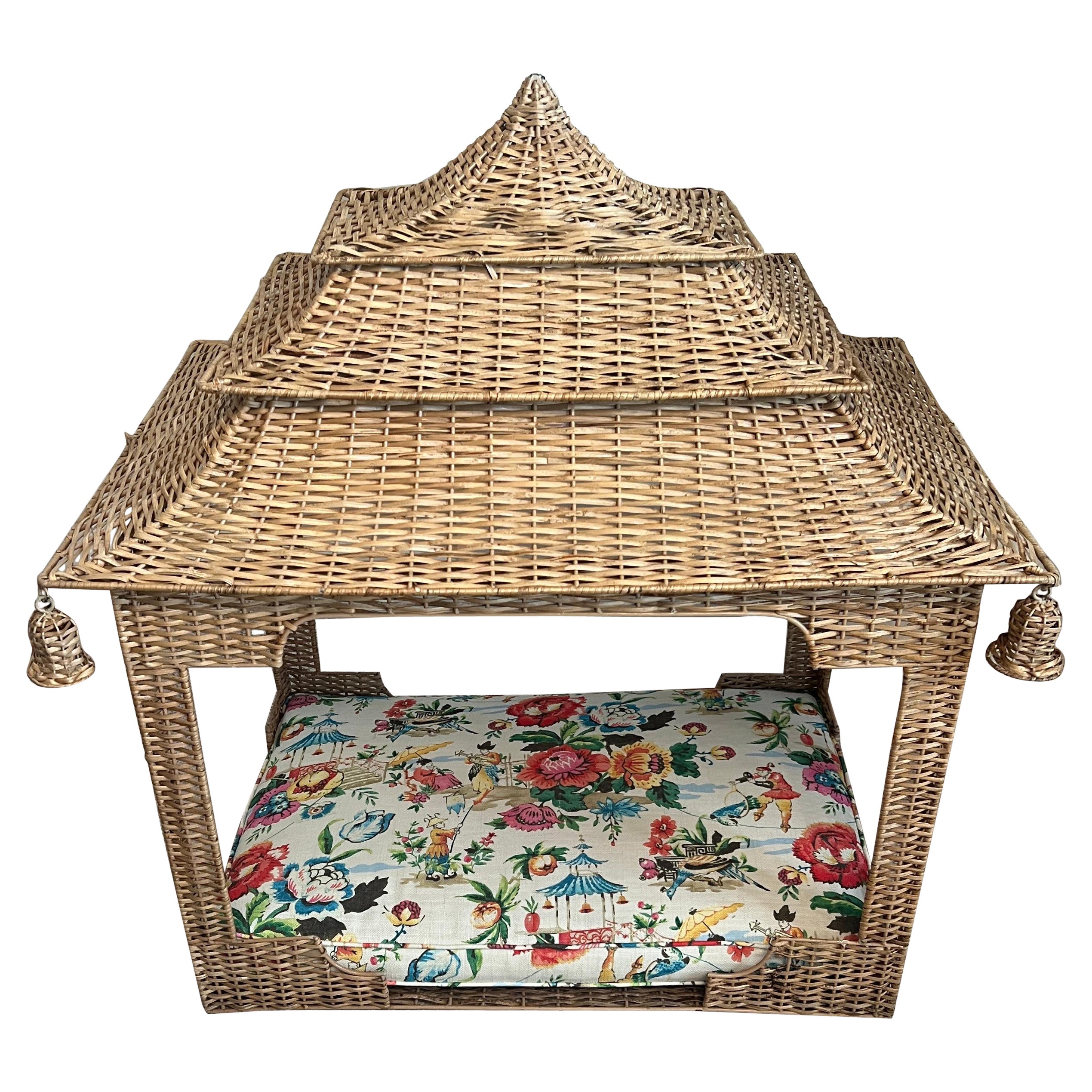 Hand Woven Rattan Pagoda Dog Bed with Asian Fabric and Special Rattan Details