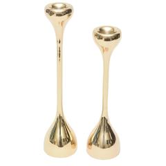 Pair of Polished Brass Tear Drop Sculptural Candleticks