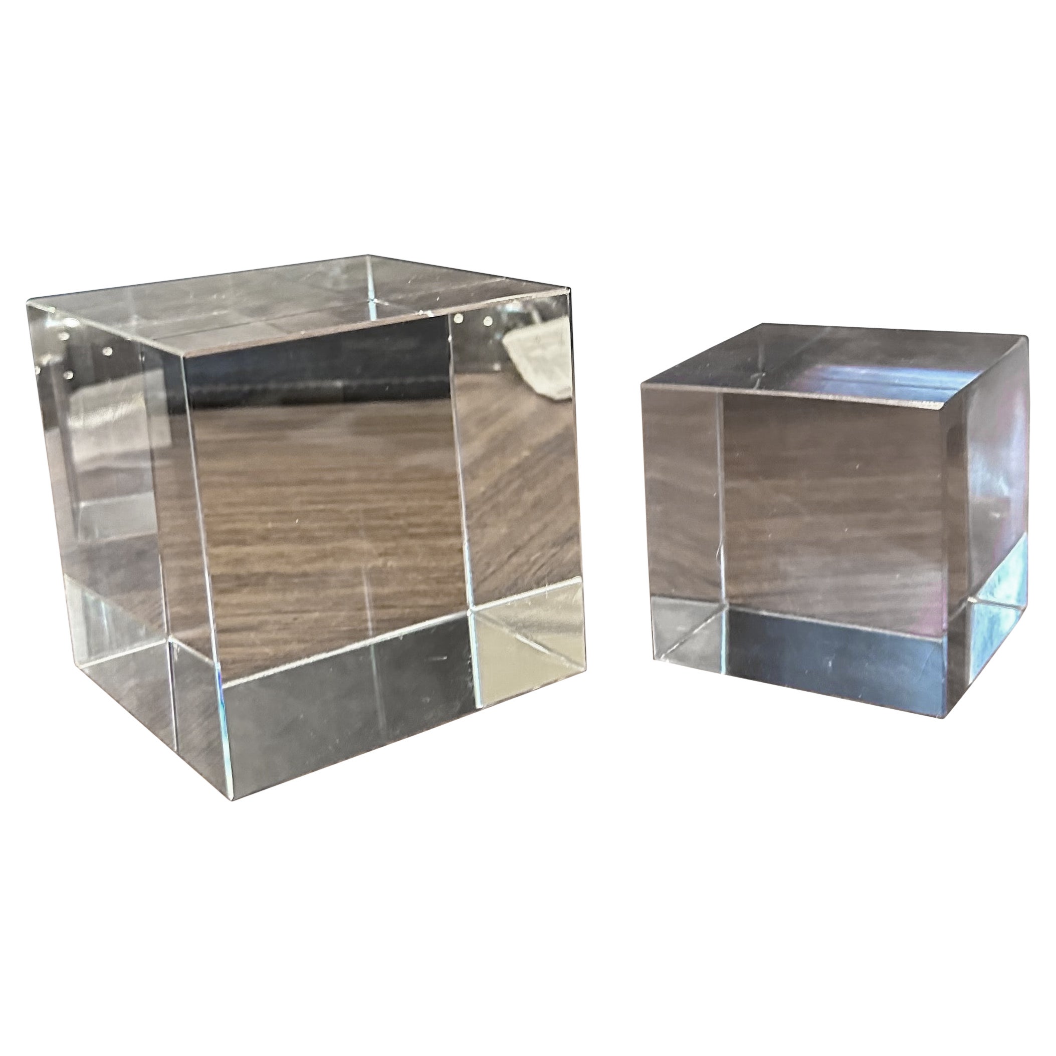 Minimalist Pair of Solid Crystal Cube Sculptures / Paperweights For Sale