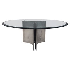 Huge round Pedestal Dining Table in Steel and Glass, 1970s