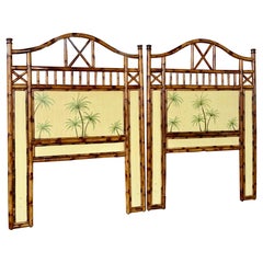 Used British Colonial Refinished Rattan Coastal Palm Tree Twin Headboards-Pair