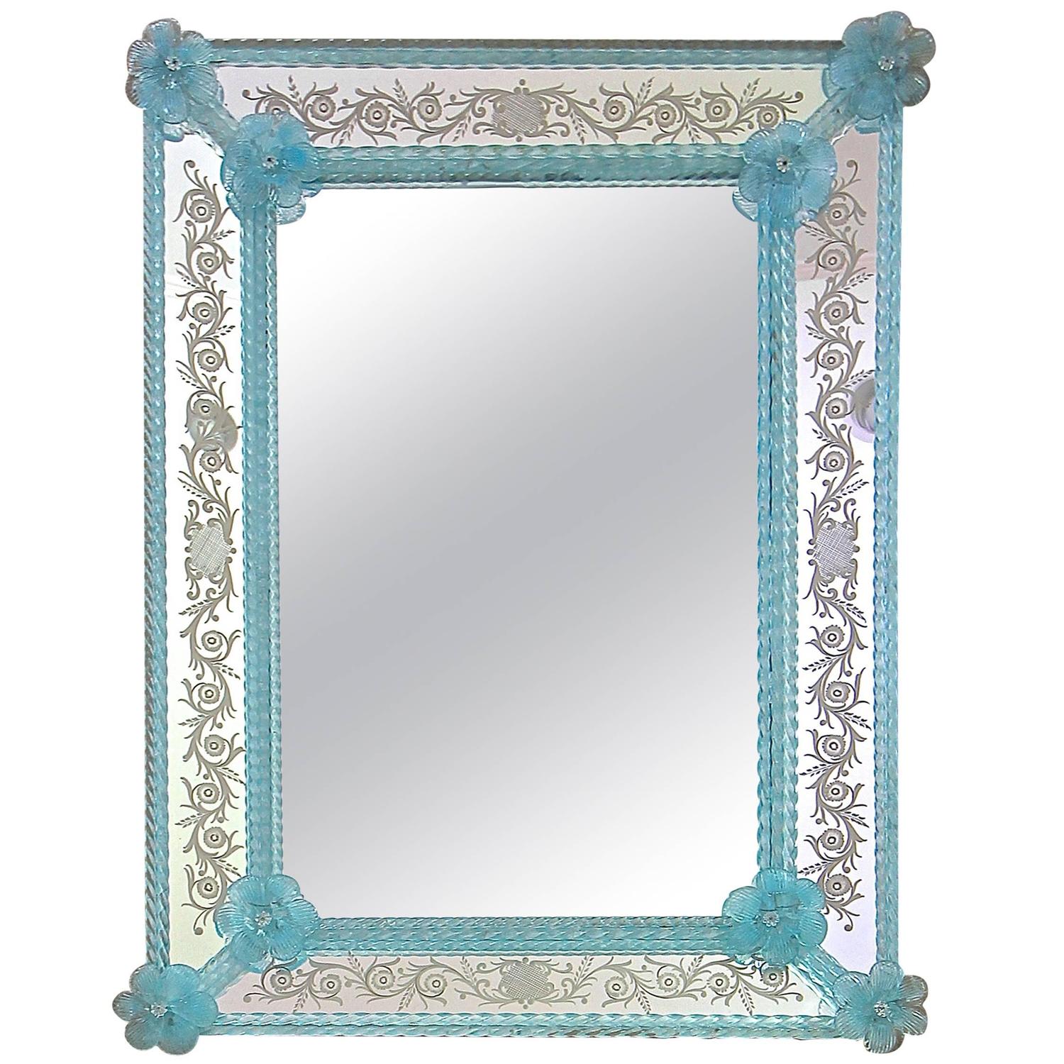 Murano Blue Floral Etched Wall Mirror For Sale at 1stdibs