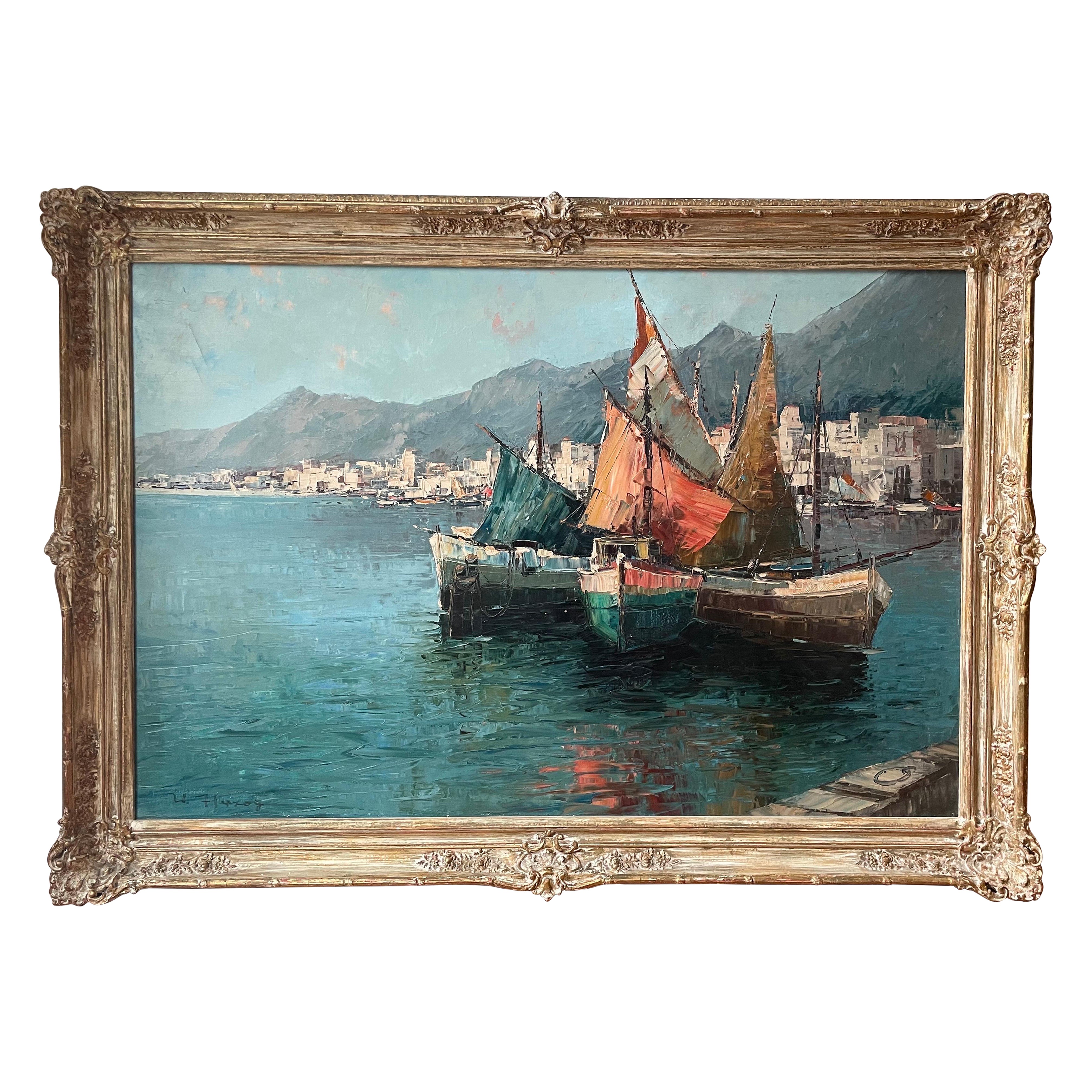 dipinto a olio "Porto del Mediterraneo" di Wolfgang Herzog. Telaio Newcomb Macklin