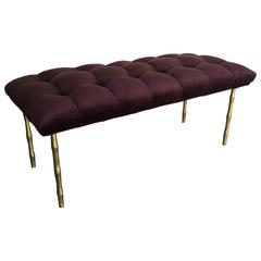 Luxurious Tufted Bench with Solid Brass Faux Bamboo Legs, 1950s