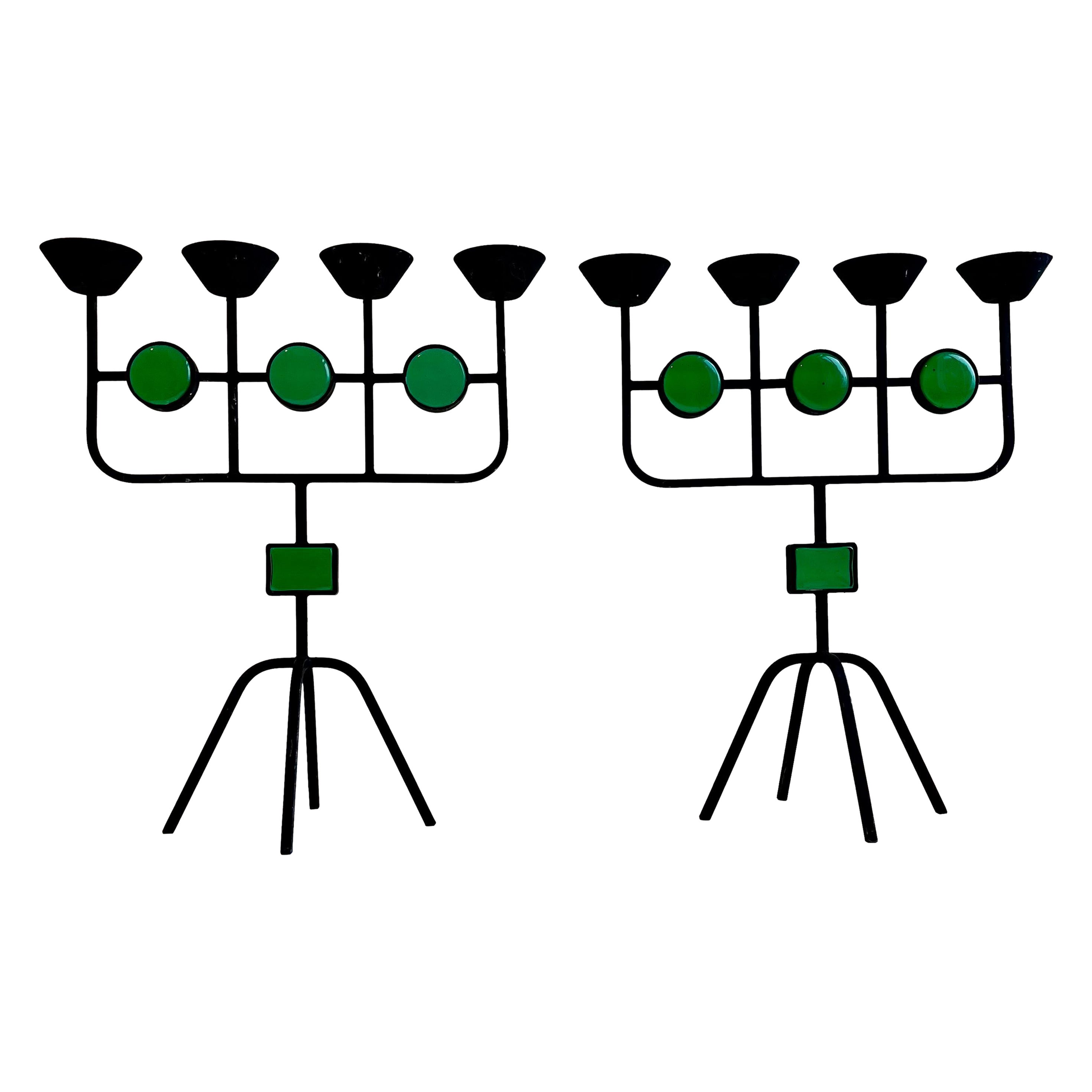 Pair of Green Glass & Wrought Iron Candelabras for Ystad-Metall by Gunnar Ander