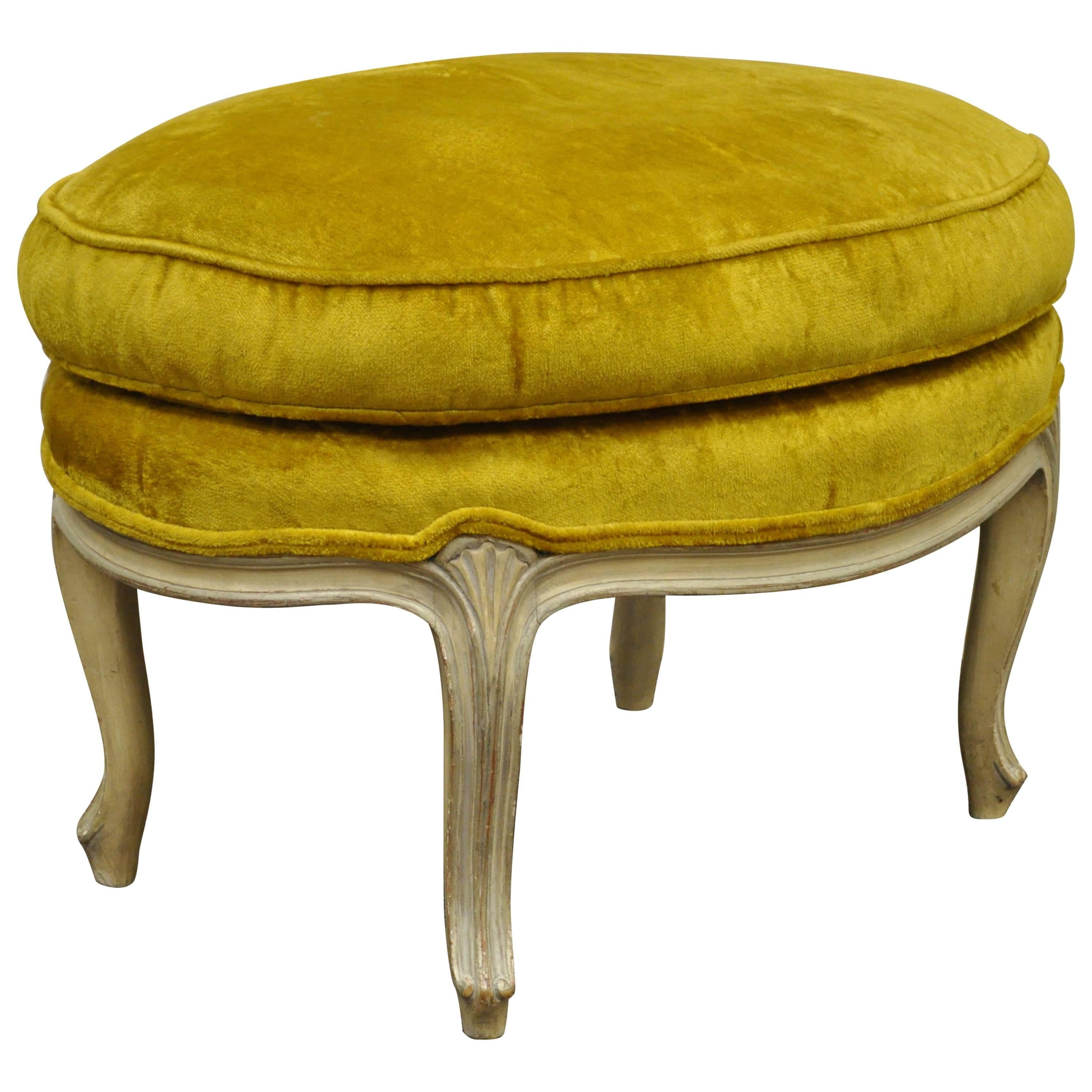 Vintage French Louis XV Style Cream Painted Overstuffed Ottoman Oval Footstool