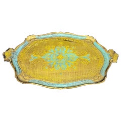 Large Italian Florentine Gilt Wood Blue Gold Tray w Handles