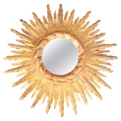 Espejo Sunburst de Madera Dorada Francesa de Mediados de Siglo