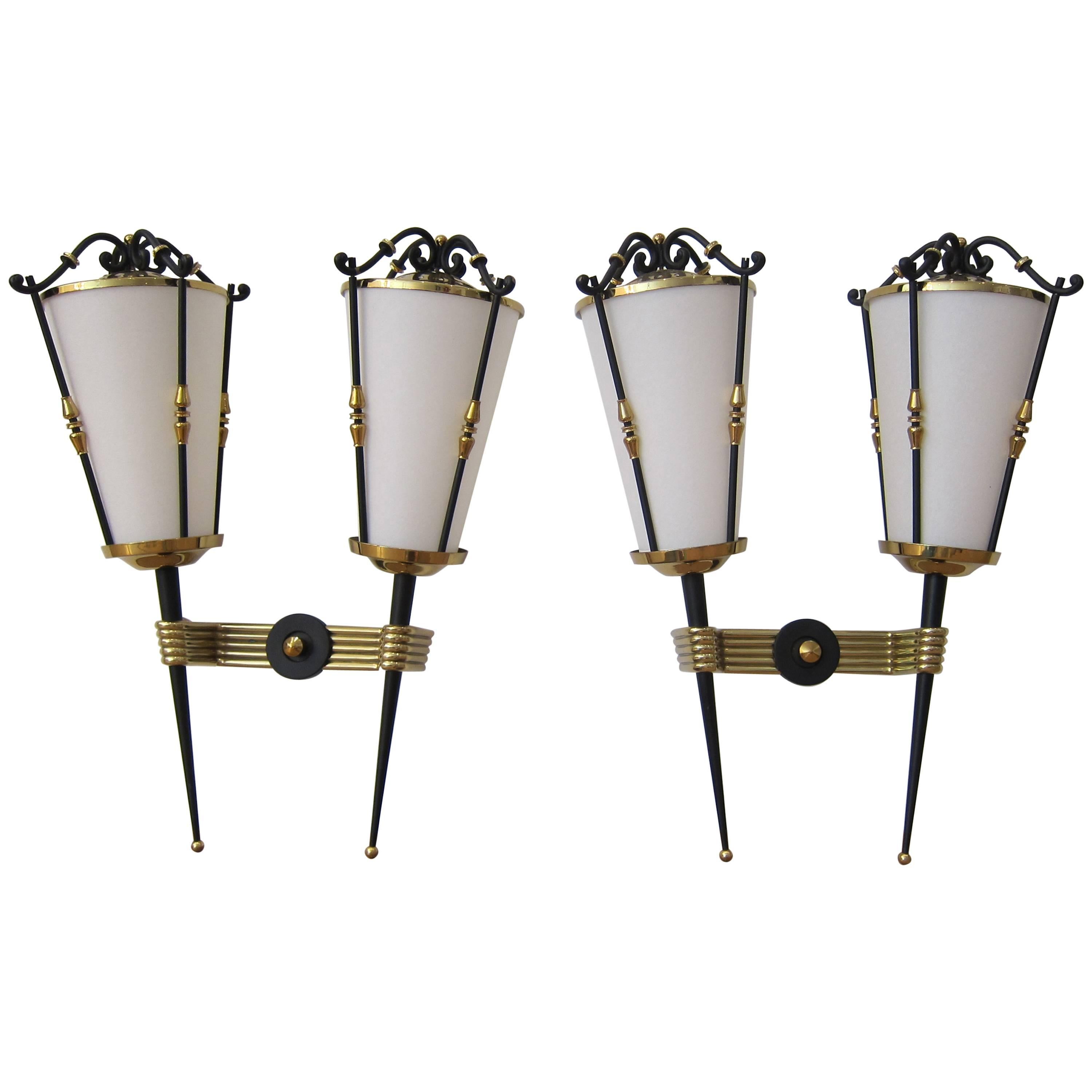 Pair of Lantern Wall Sconces by Arlus France 1950