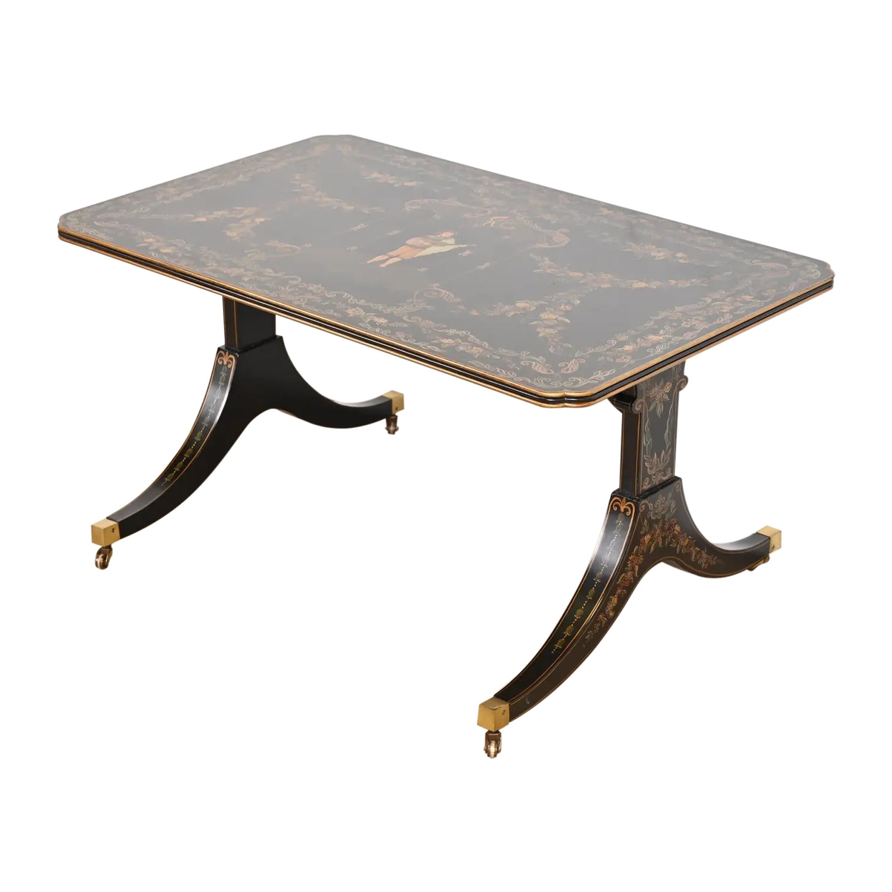Baker Furniture Style Italian Regency Hand Painted Black Lacquered Coffee Table