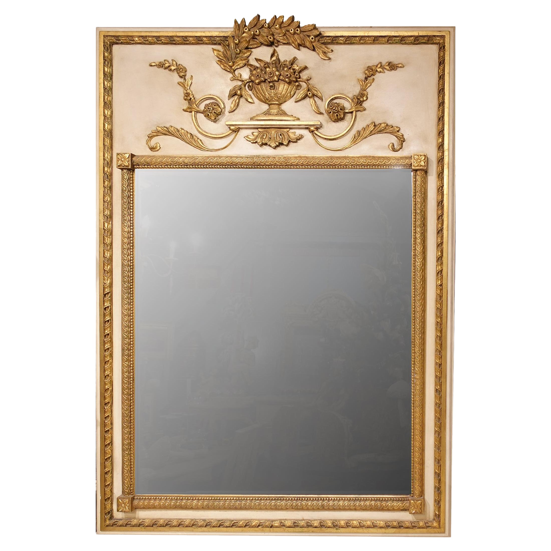 Louis XVI style Trumeau Mirror in Cream and Giltwood