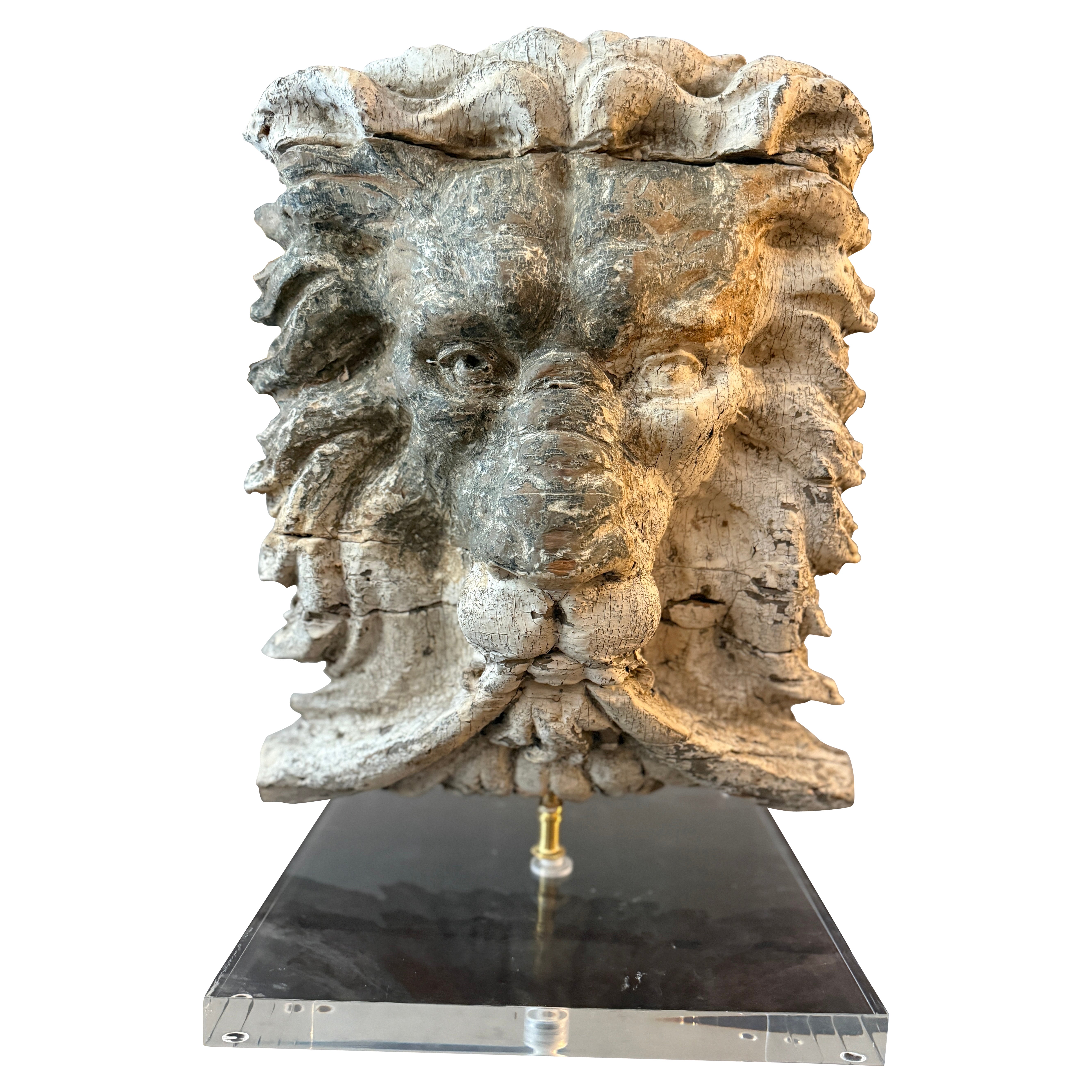 19th-Century Carved Pine Lion’s Head Architectural Fragment, Mounted on Lucite For Sale