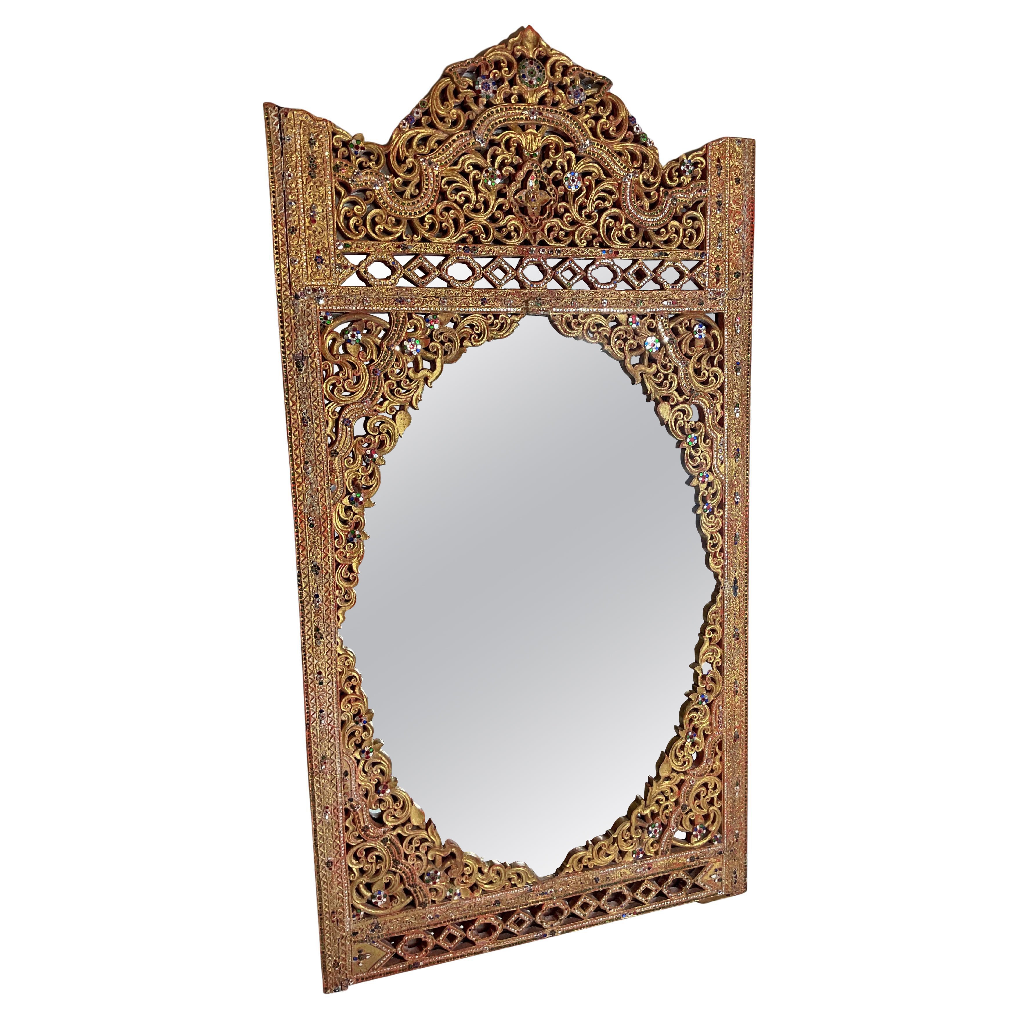 Vintage Asian Carved Wooden Mirror with Embellishments