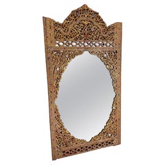 Vintage Asian Carved Wooden Mirror with Embellishments