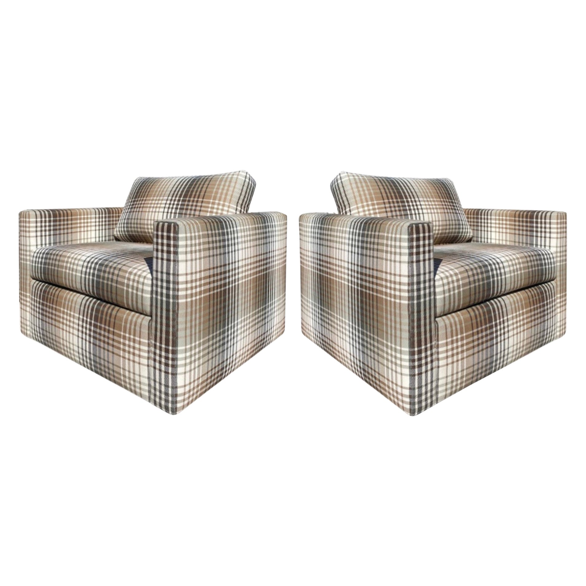 Milo Baughman-Style New Upholstery Plaid Cube Lounge Chairs, a Pair For Sale