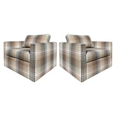 Milo Baughman-Style New Upholstery Plaid Cube Lounge Chairs, a Pair