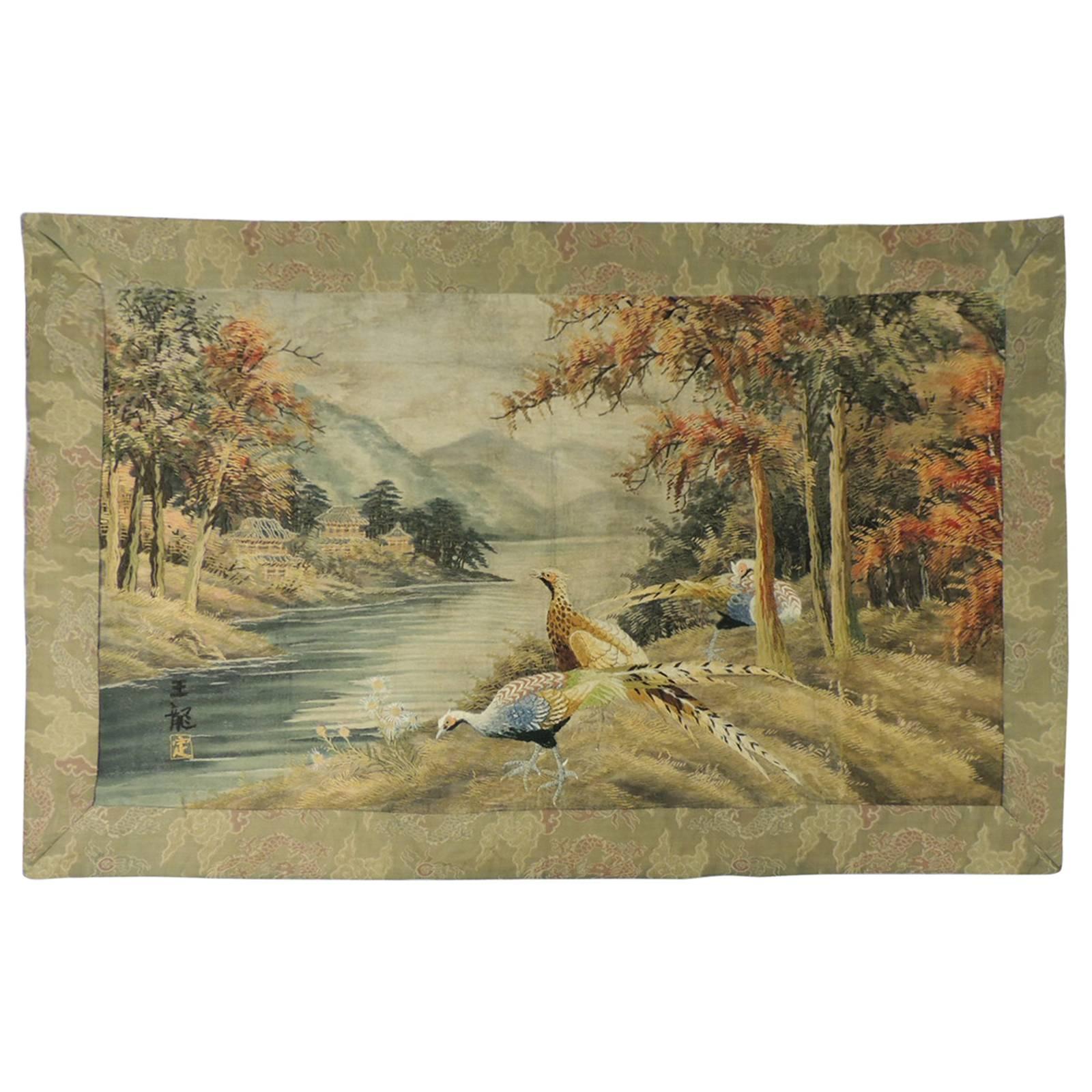 CLOSE OUT SALE: Large Asian Embroidery Scenery Tapestry From Japan
