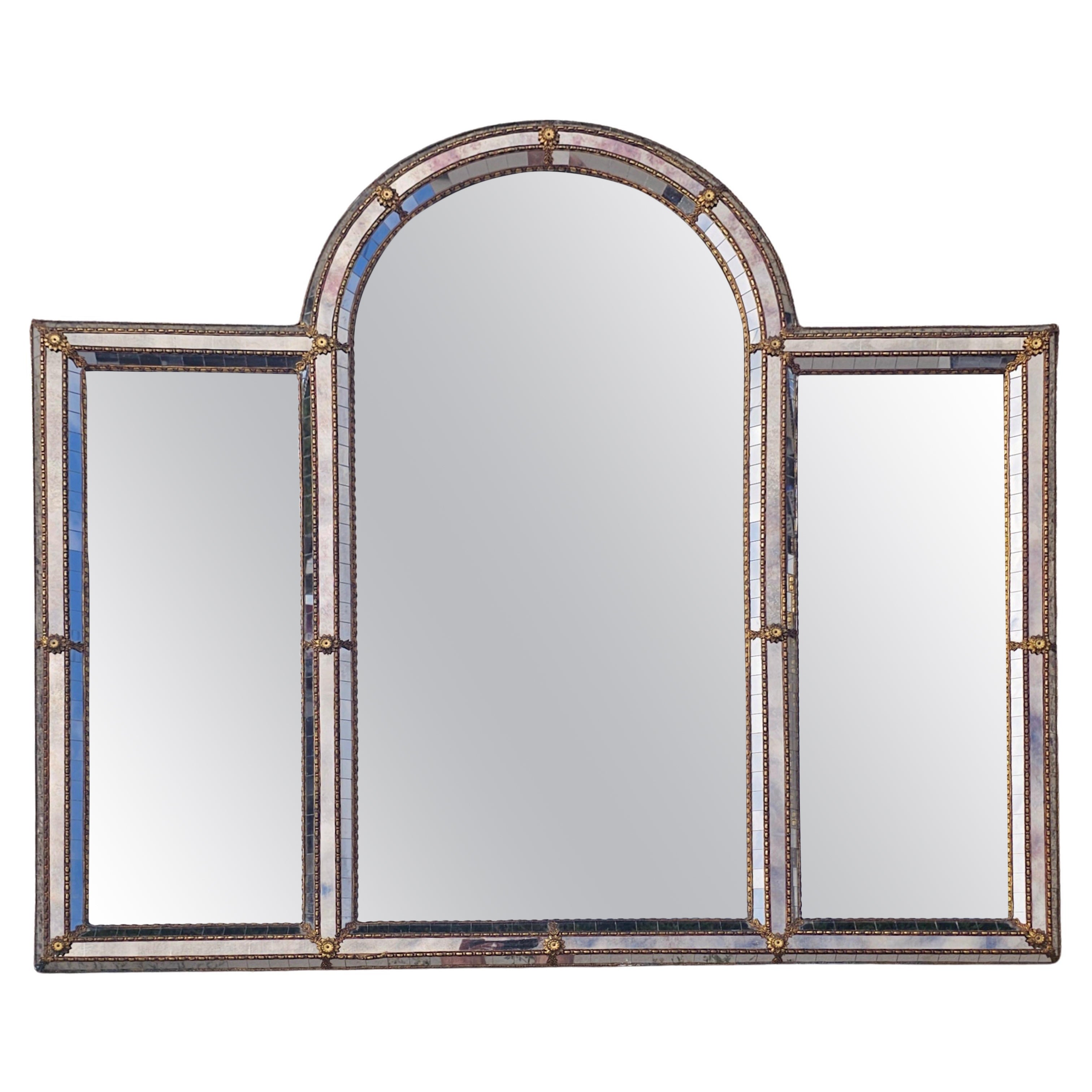 Large Hollywood Regency Venetian Triptych Wall Mirror with floral bronze accent