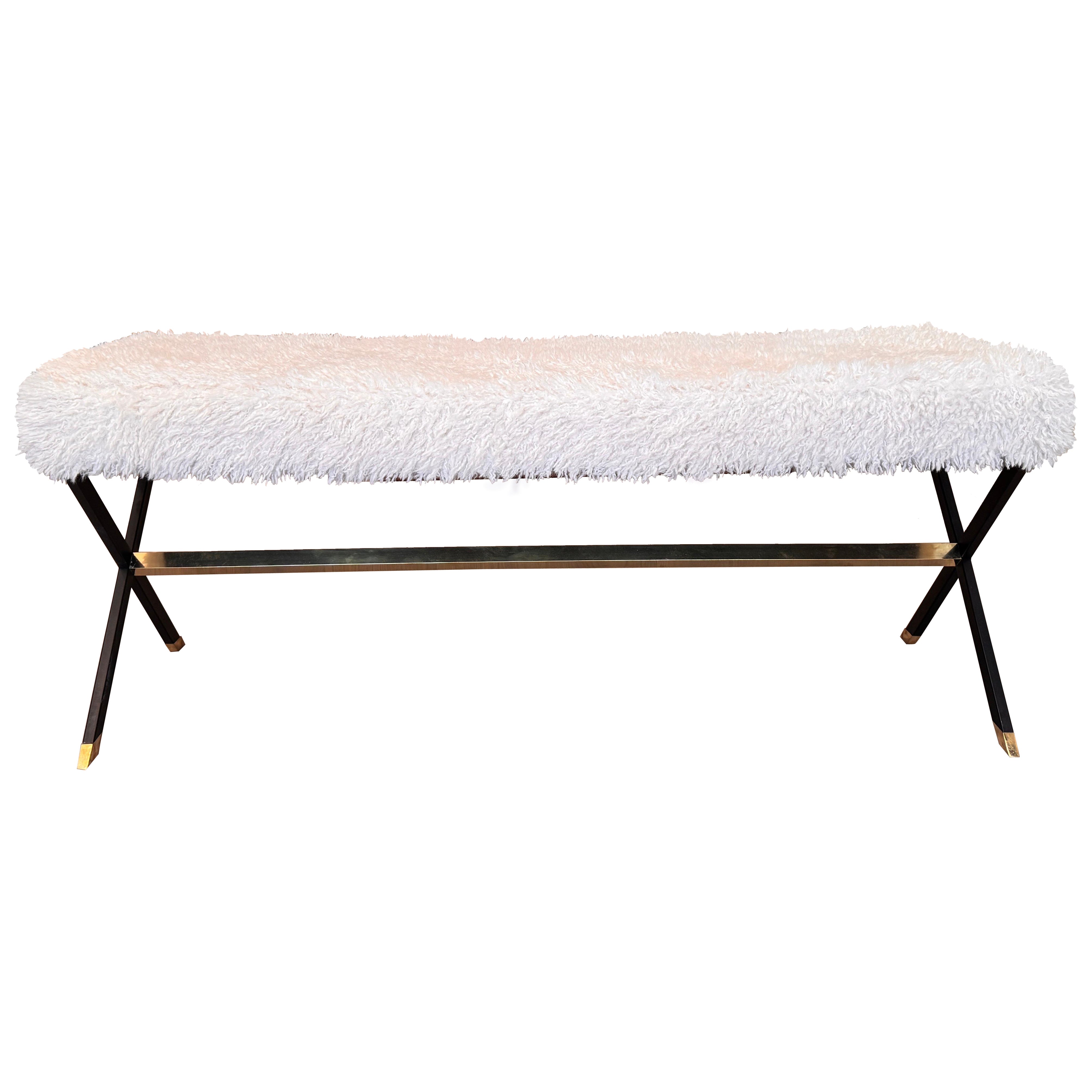 Italian bench in enamel black metal & brass with fur upholstery.
